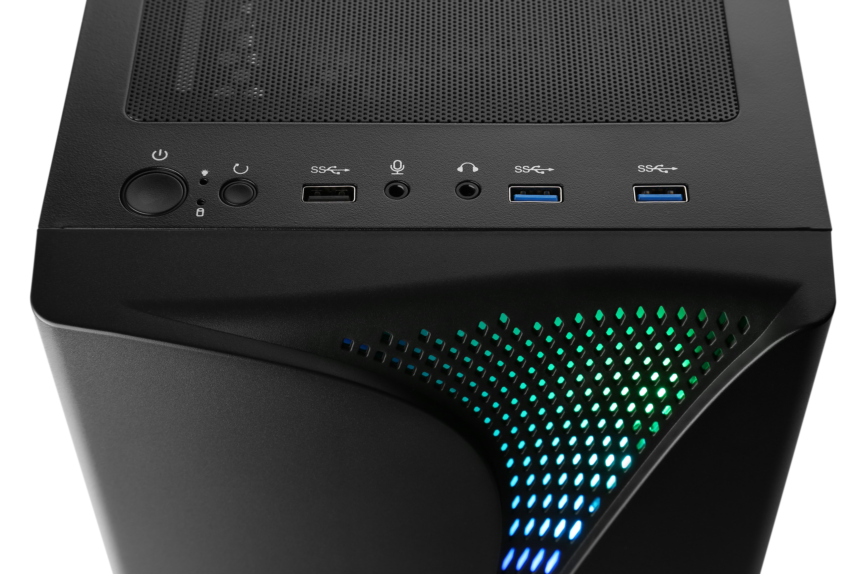 Schwarze Computergehäuse-Vorderansicht. Enthält Ein-/Aus-Taste, USB-Anschlüsse und beleuchtetes Panel.