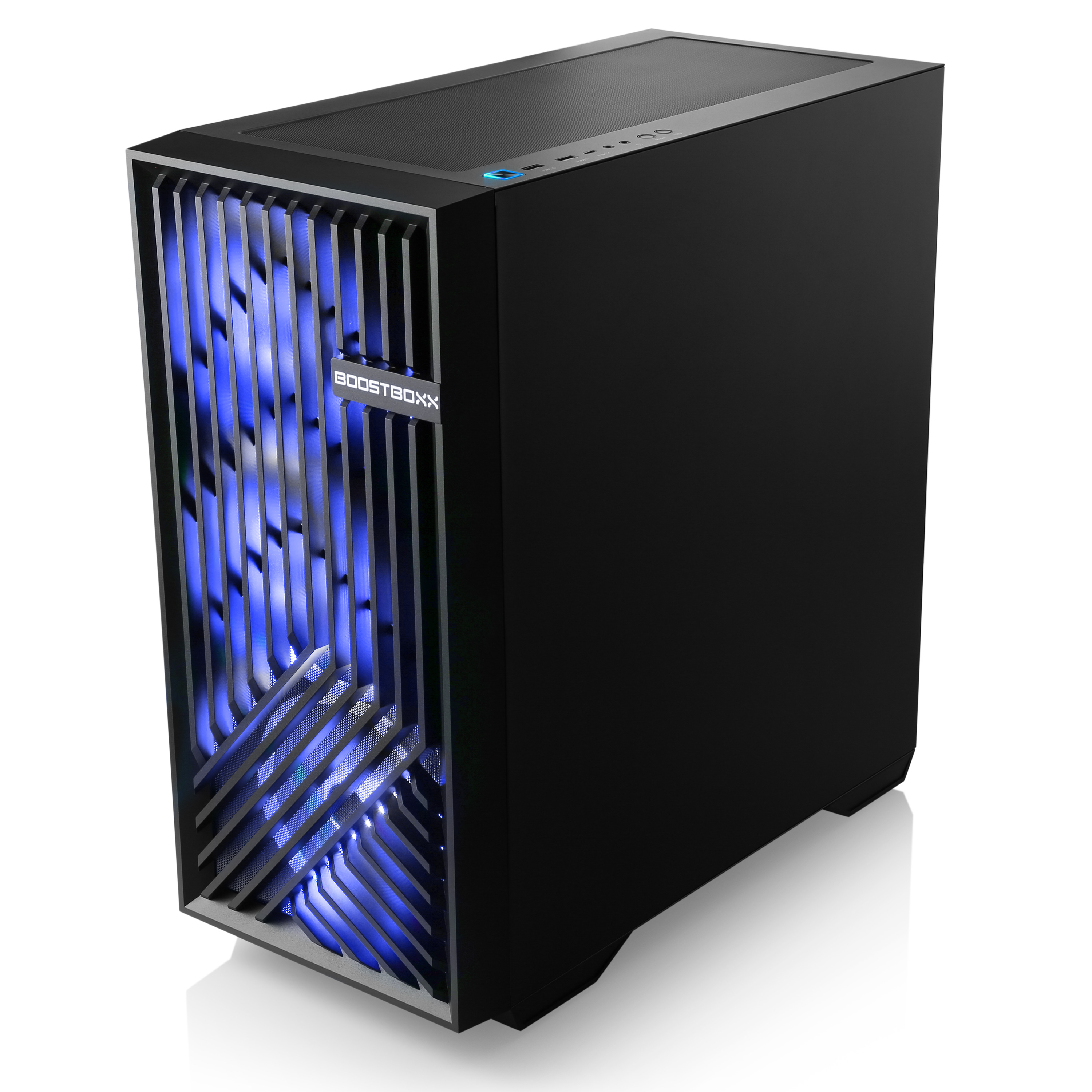 Schwarzes Computergehäuse mit blauen LED-Leuchten, abgewinkelt, auf einer weißen Oberfläche.
