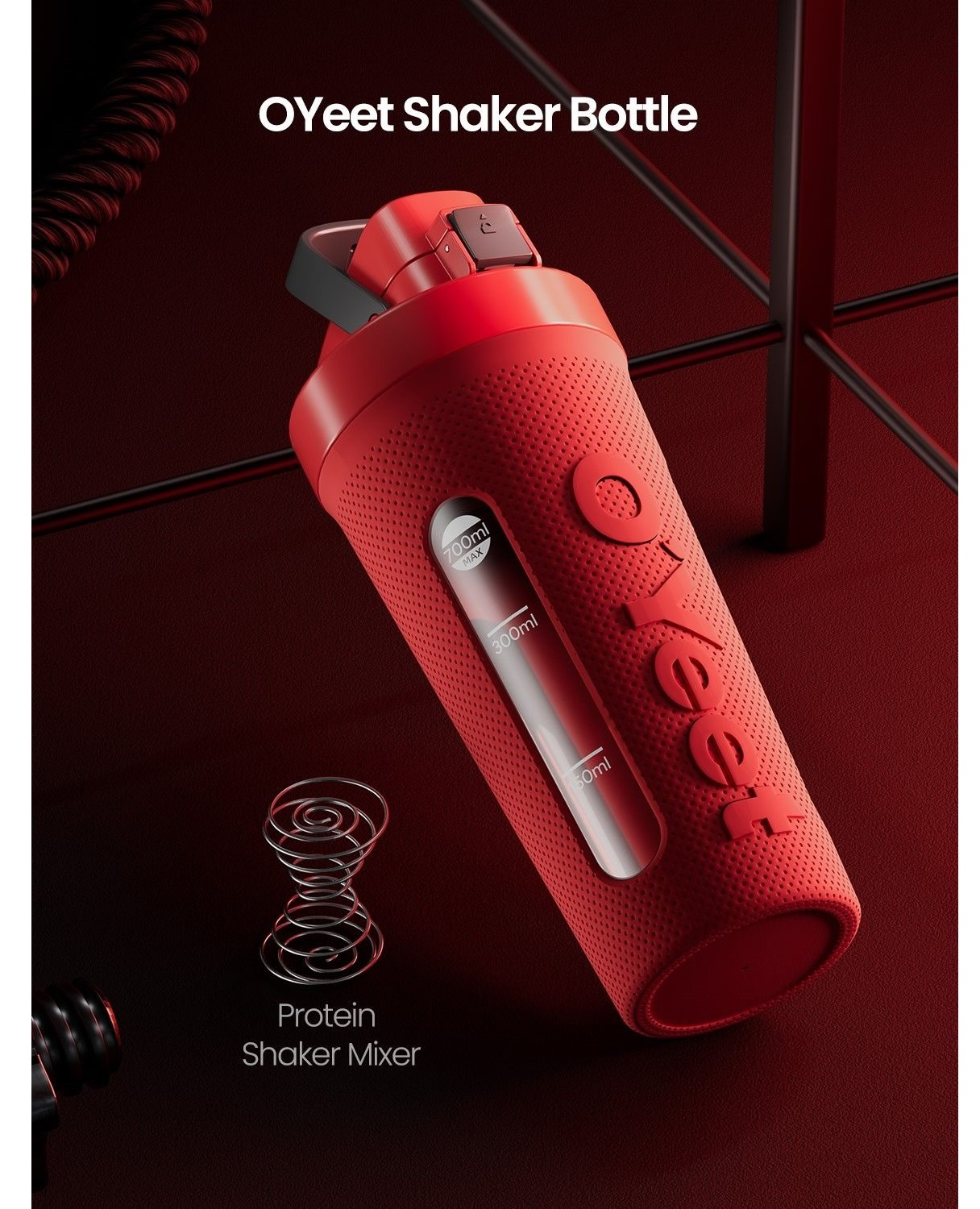 Eine rote OYeet Shaker-Flasche mit einem Protein-Shaker-Mixer auf rotem Hintergrund.