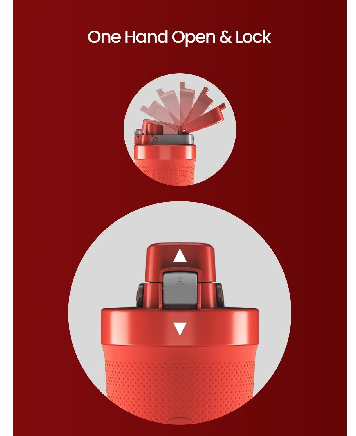 Rote Wasserflasche mit Einhand-Öffnungs- und Verriegelungsfunktion. Pfeile zeigen den Öffnungsmechanismus.