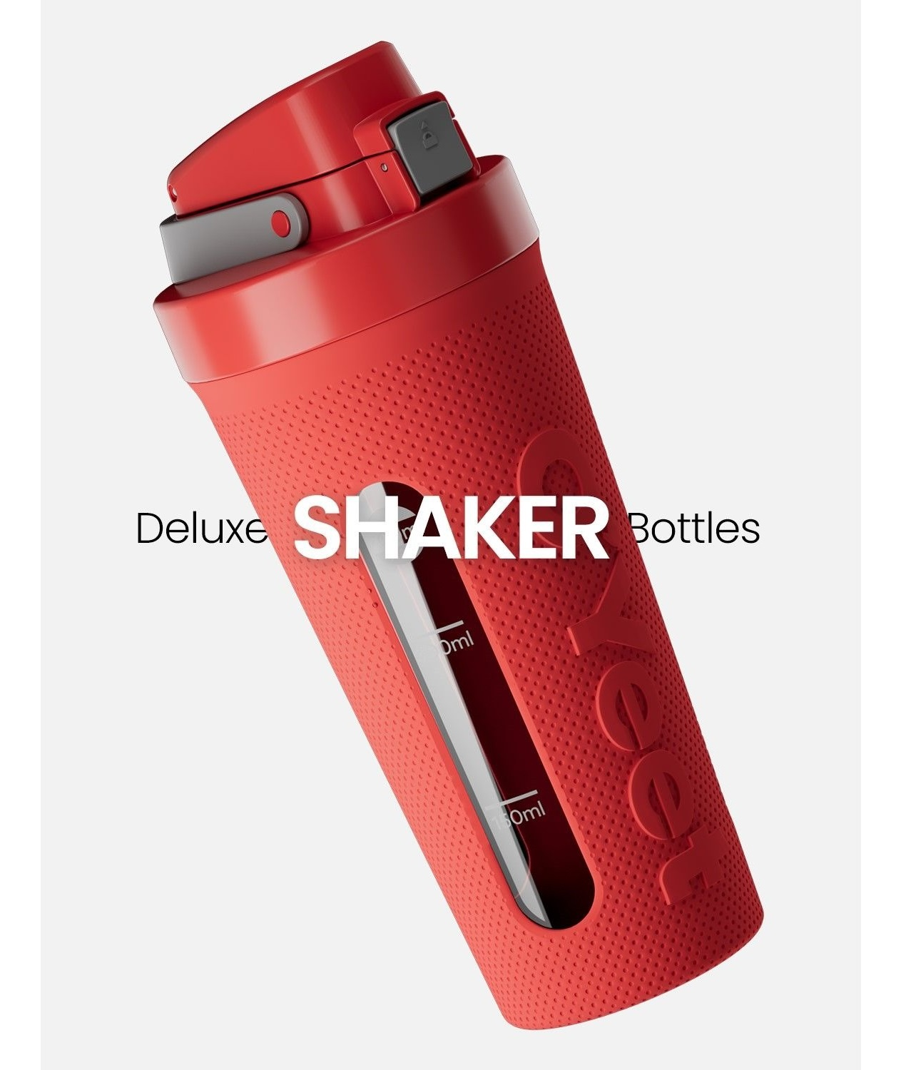 Rote Shaker-Flasche mit Text und Messungen an der Seite.