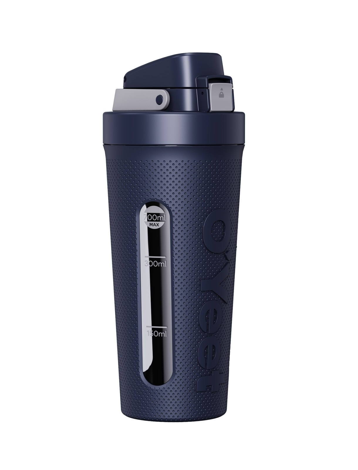 Eine dunkelblaue Shaker-Flasche mit schwarzem und grauem Deckel und einem transparenten Fenster. Weißer Hintergrund.