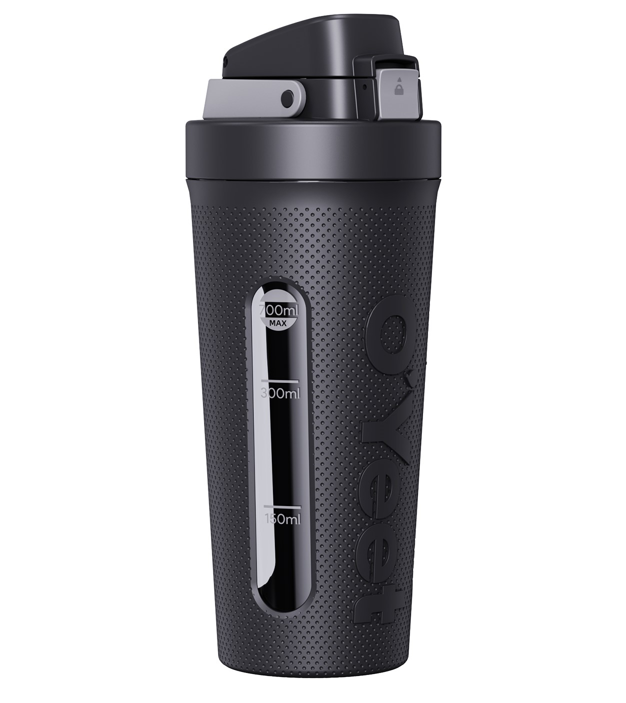 Schwarze Shaker-Flasche mit Messmarkierungen. Sie hat einen schwarzen Deckel und einen grauen Knopf. Die Flasche ist strukturiert.
