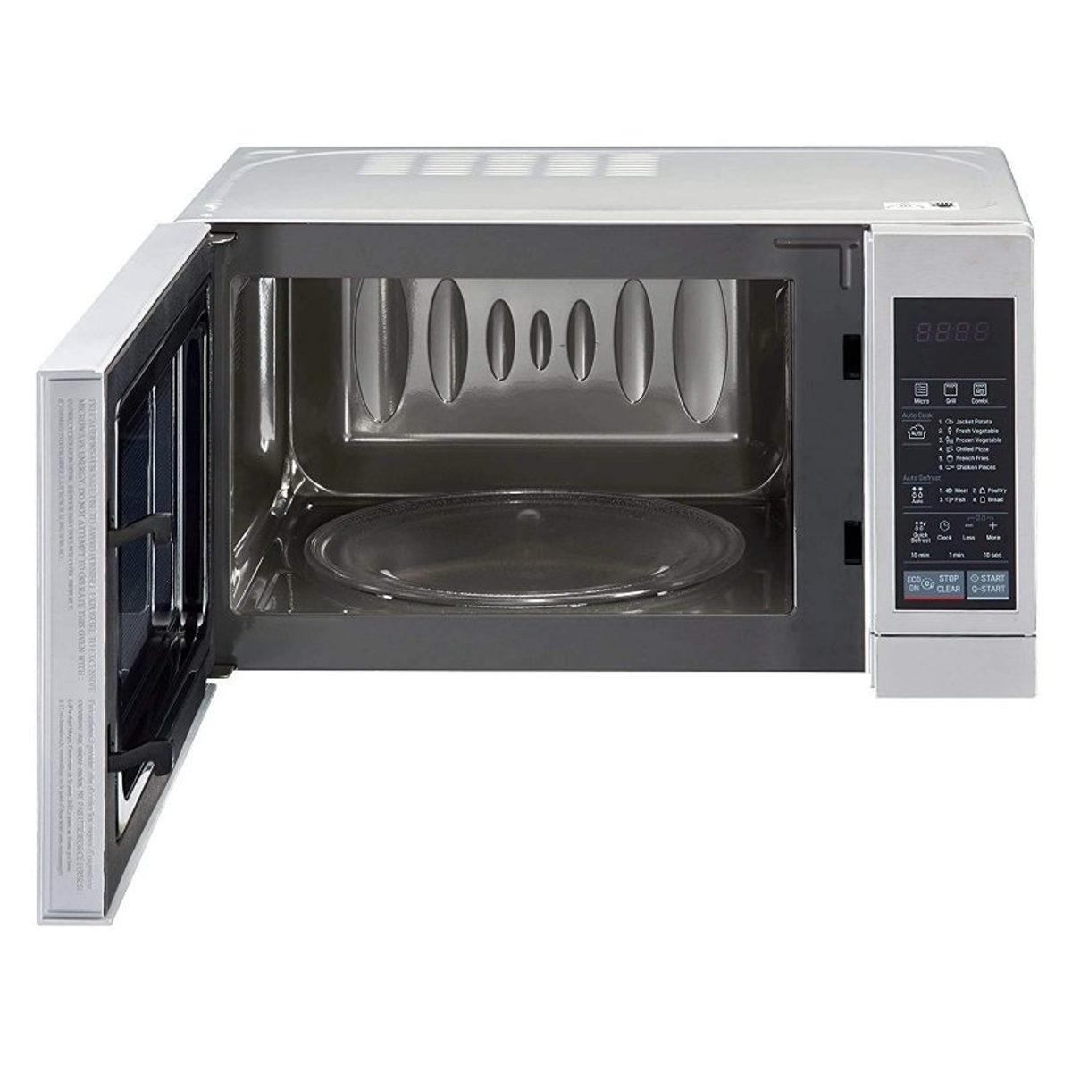 Un forno a microonde bianco con la porta aperta, che mostra l'interno e il pannello di controllo con i pulsanti.