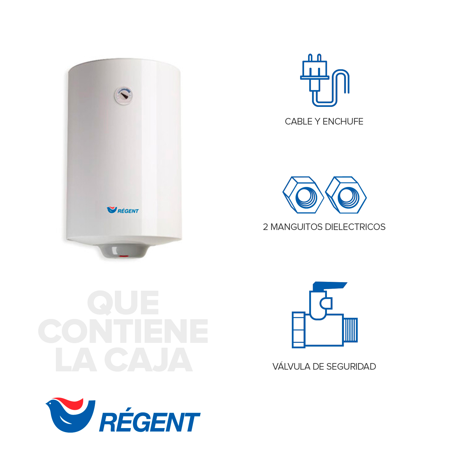 Calentador de agua blanco con logo y texto azules. Gráficos indican válvula de seguridad, cable y conectores.
