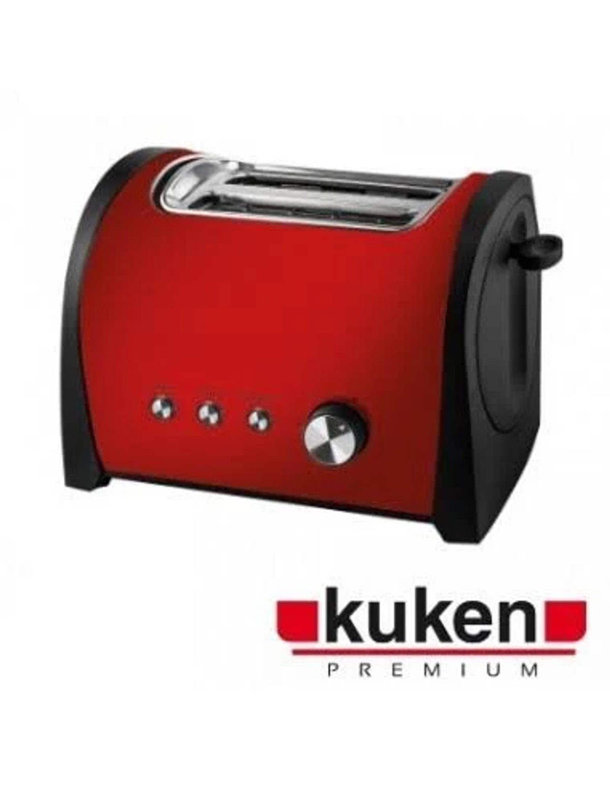 Czerwono-czarny toster na białym tle z marką Kuken.