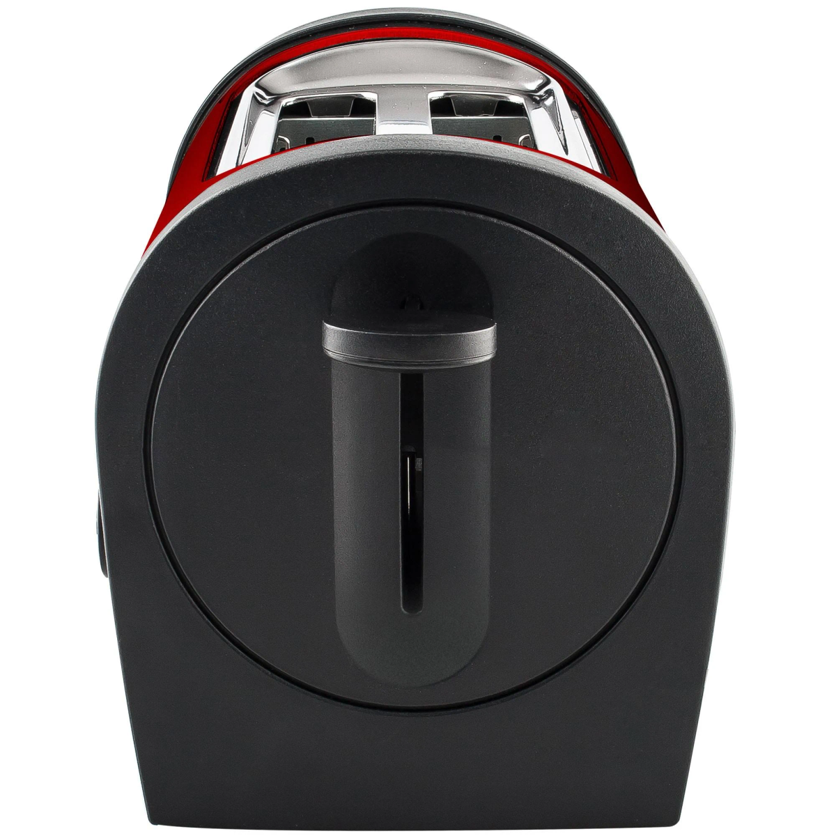 Czerwony i czarny toster z otworem i czarnym panelem sterowania.