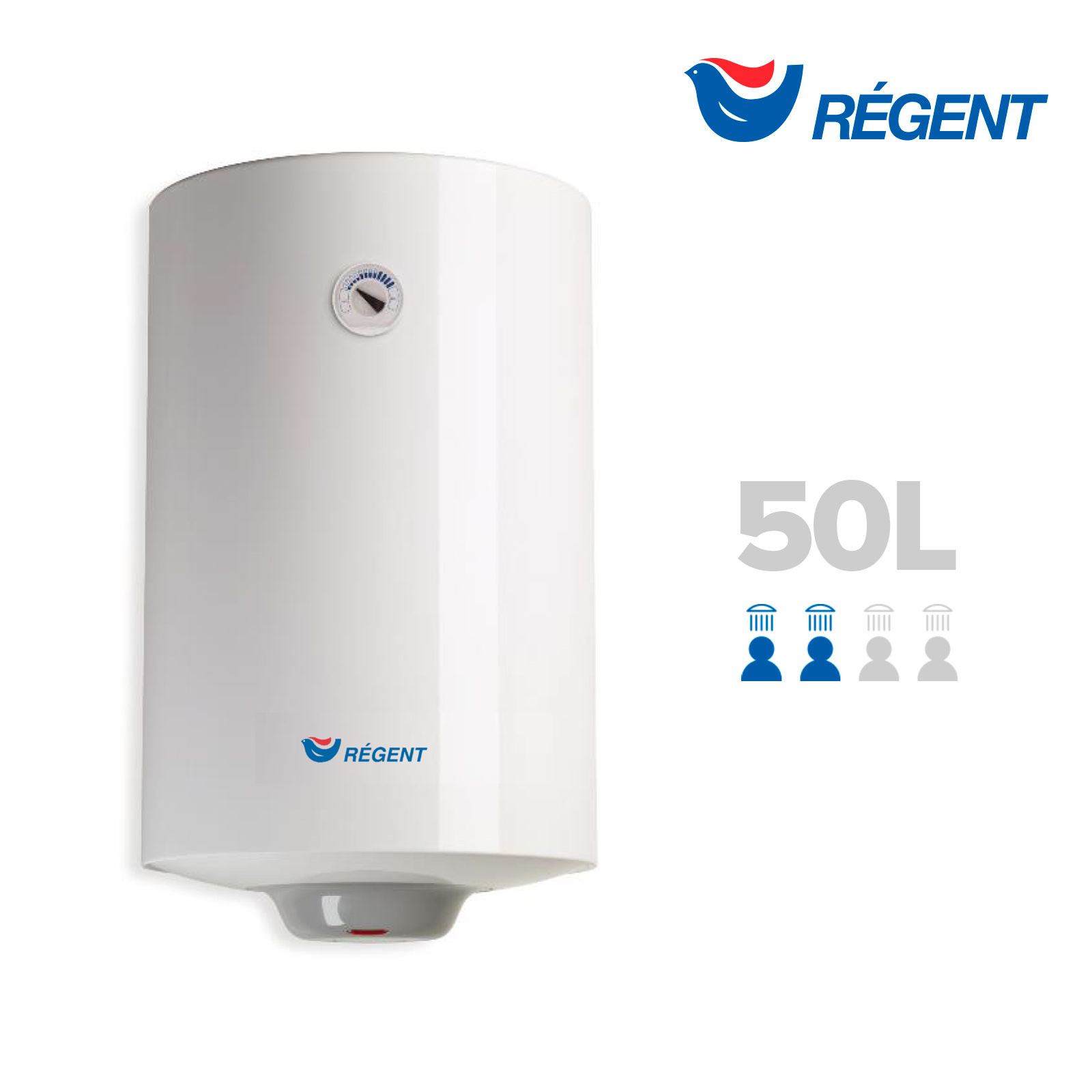 Calentador de agua blanco Regent con dial y logo Regent. Se muestra capacidad de 50L.