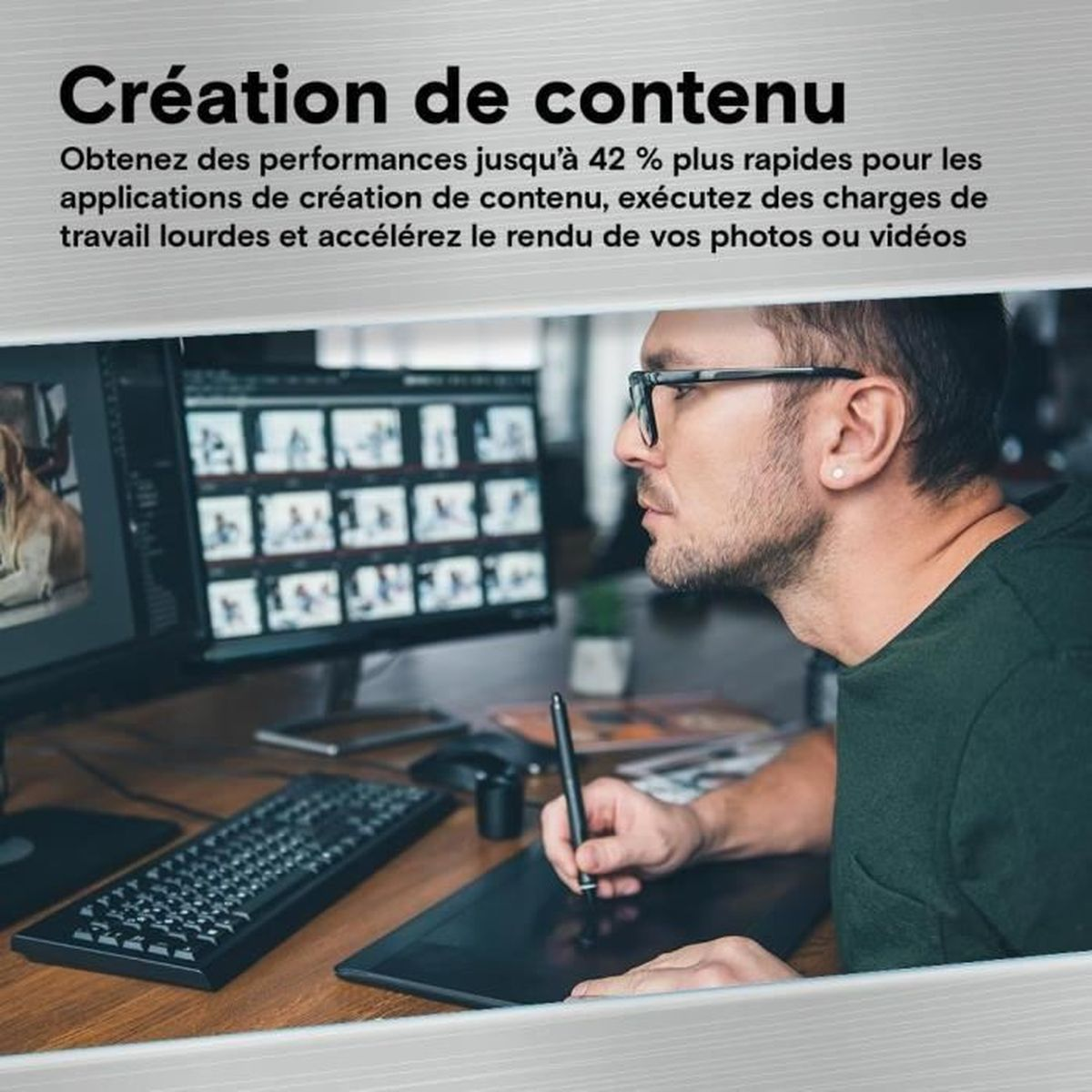 Mężczyzna pracujący na komputerze, z francuskim tekstem o tworzeniu treści.