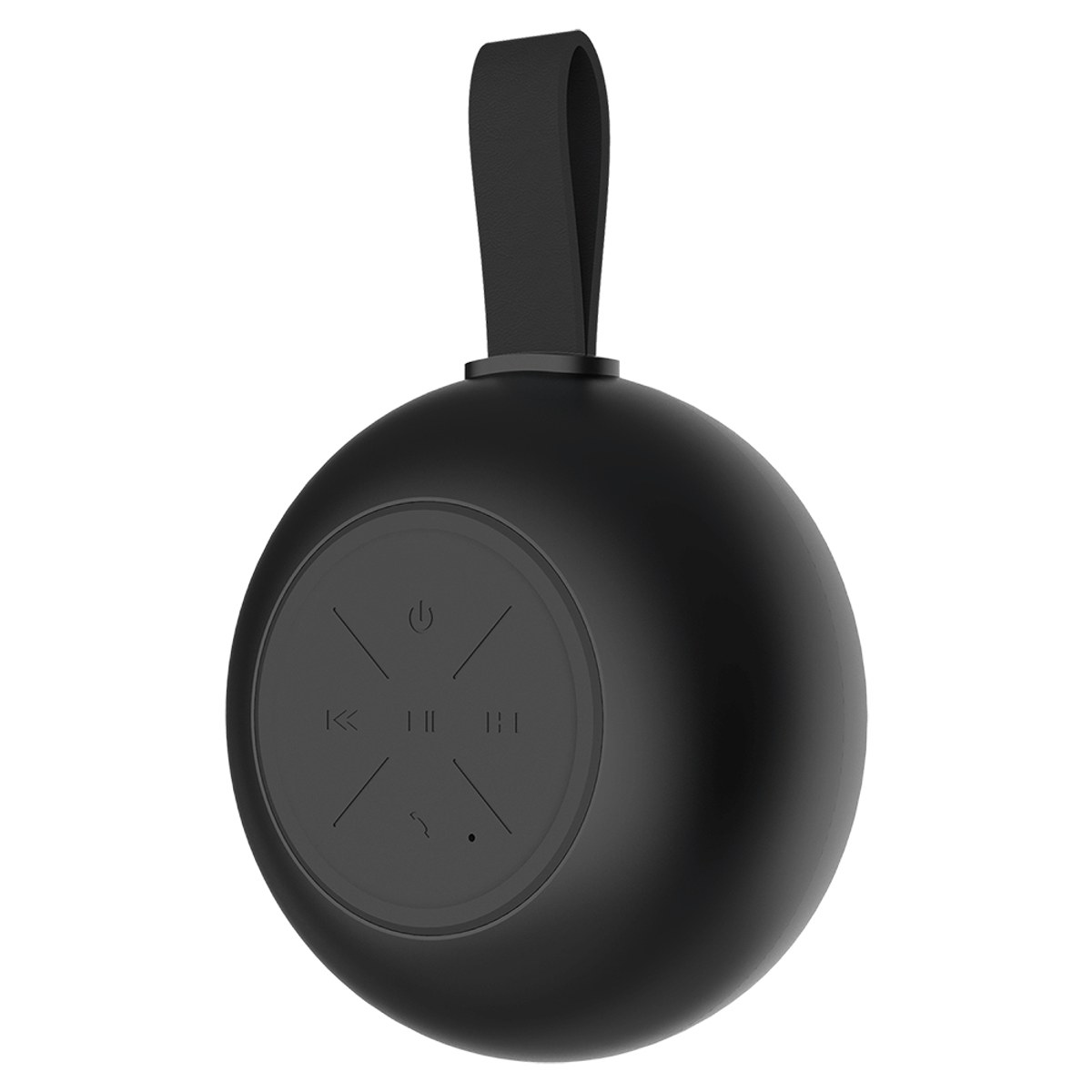Altoparlante portatile sferico nero con pulsanti di controllo e anello per appenderlo.