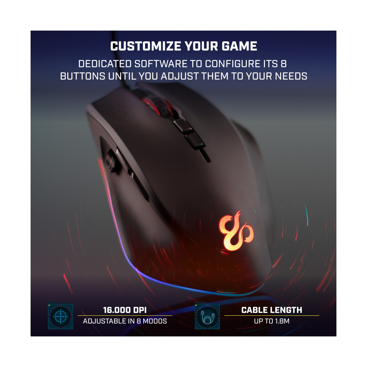 Mouse da gioco nero con pulsanti personalizzabili, 16.000 DPI e lunghezza del cavo fino a 1,8 m.