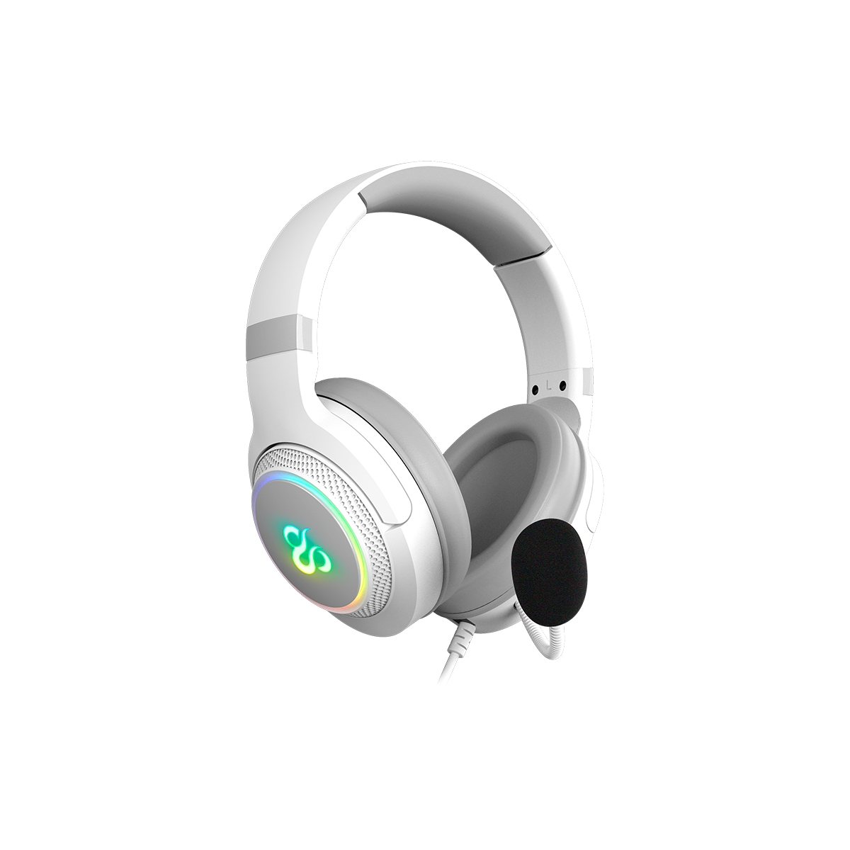 Biały zestaw słuchawkowy dla graczy z mikrofonem na czarnym tle. Zestaw ma kolorowe światła.
