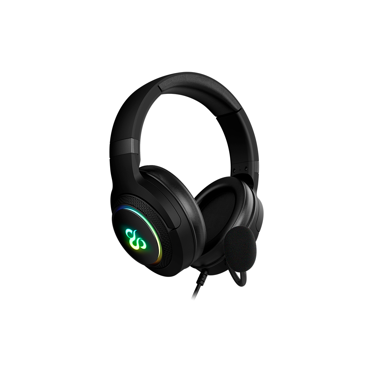 Czarne słuchawki dla graczy z mikrofonem i kolorowymi światłami.