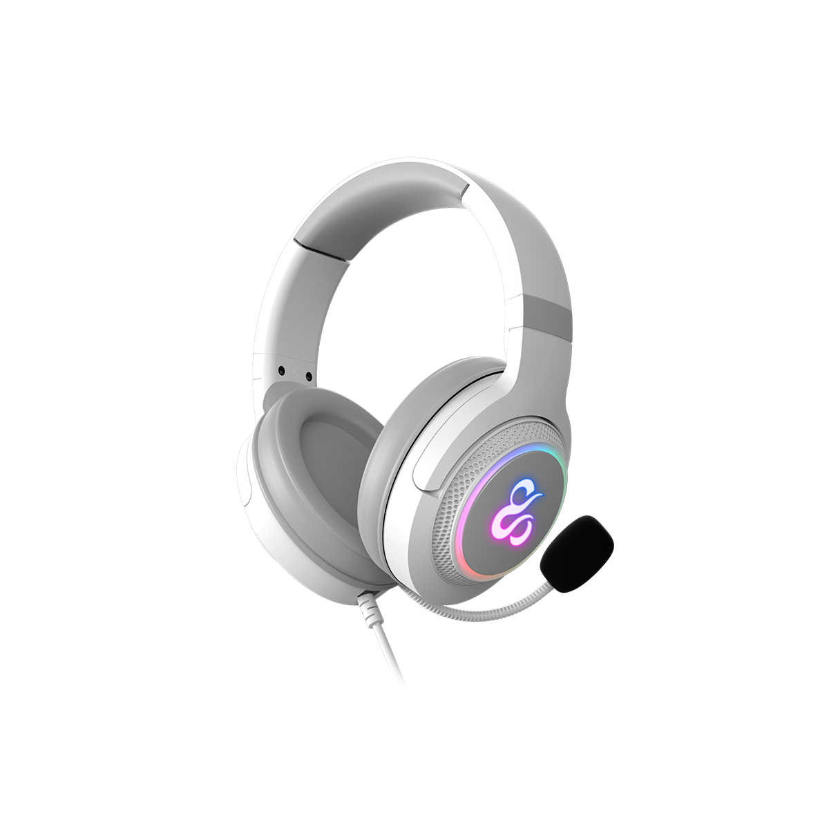 Biały i szary zestaw słuchawkowy dla graczy z oświetleniem RGB i mikrofonem.