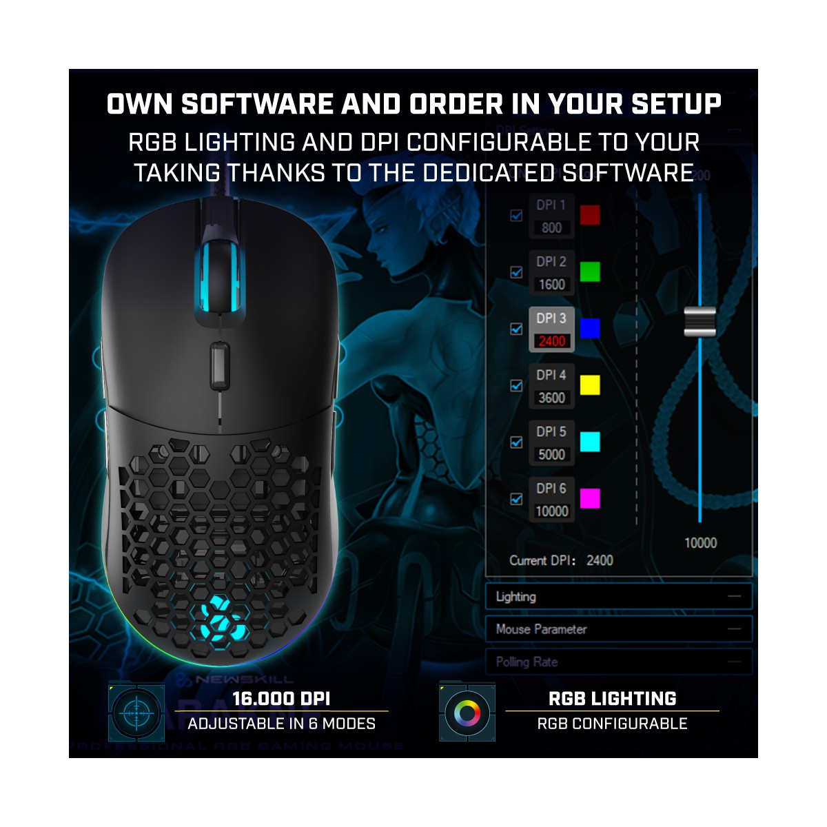 Mouse da gaming nero con illuminazione RGB e impostazioni DPI. Lo sfondo mostra una grafica di una donna.