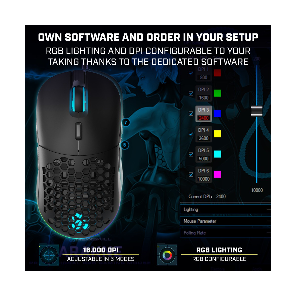 Mouse gaming nero con design a nido d'ape. Presenta illuminazione RGB e impostazioni DPI personalizzabili. Testo nell'immagine.