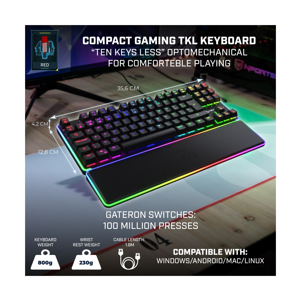 Czarna klawiatura do gier z tęczowymi światłami. Ma podpórkę pod nadgarstek i specyfikacje przełączników.