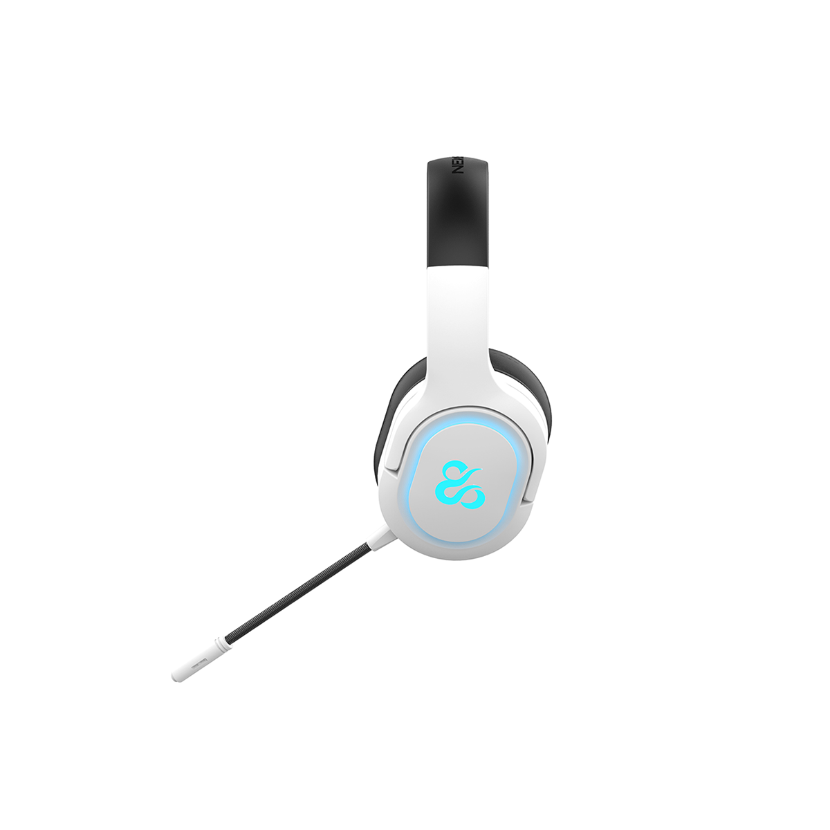 Cuffie da gioco bianche con microfono. Ha un logo blu illuminato e un microfono nero.