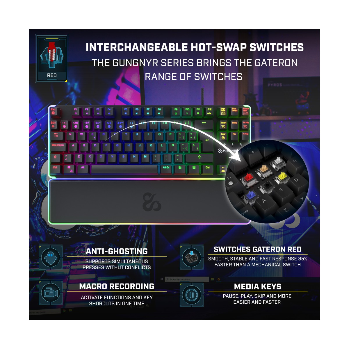 Klawiatura z podświetleniem RGB, przełącznikami hot-swap, nagrywaniem makr i klawiszami multimedialnymi.