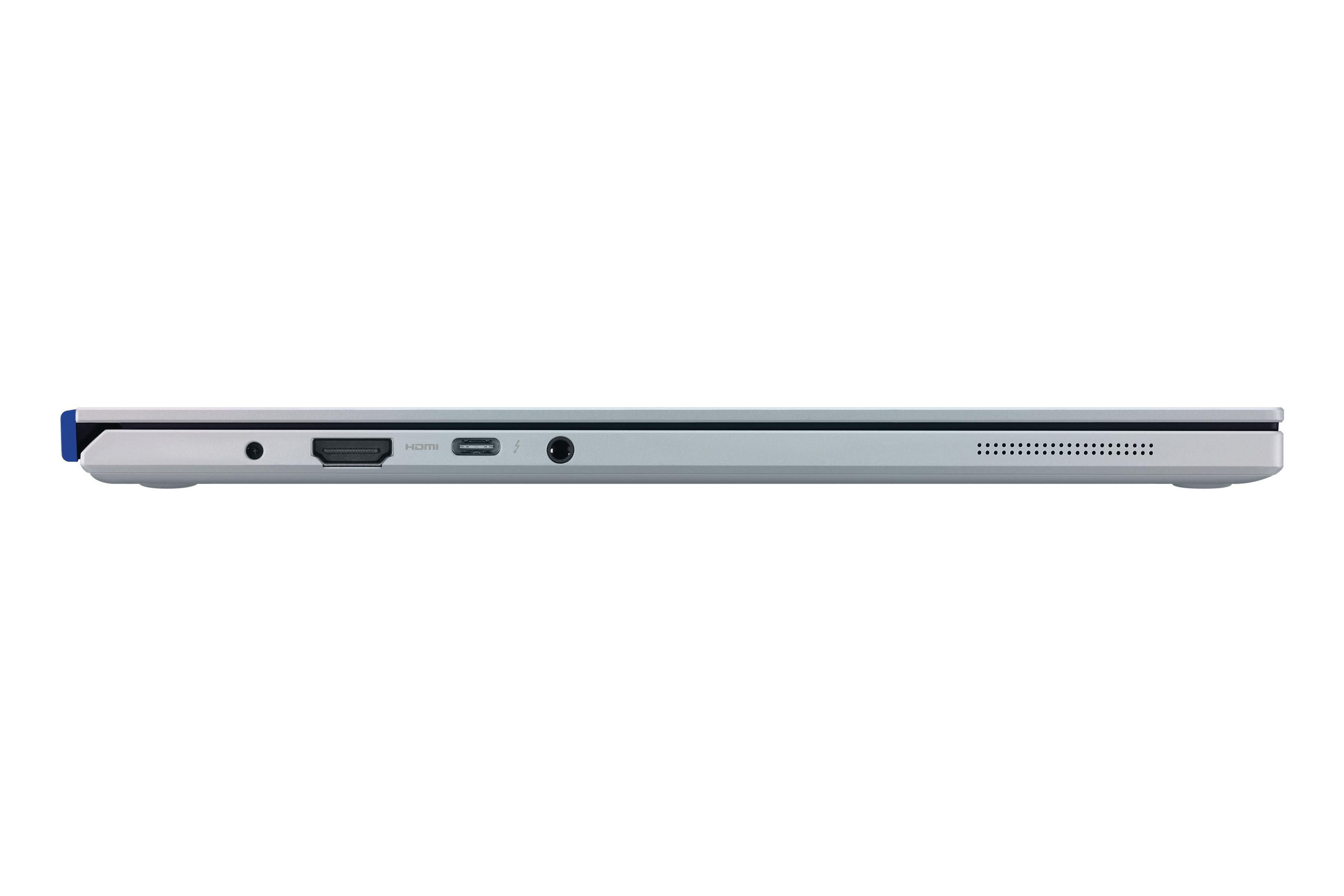 Seitenansicht eines hellgrauen Laptops. Sichtbare Anschlüsse sind HDMI, USB-C und Audioanschluss.