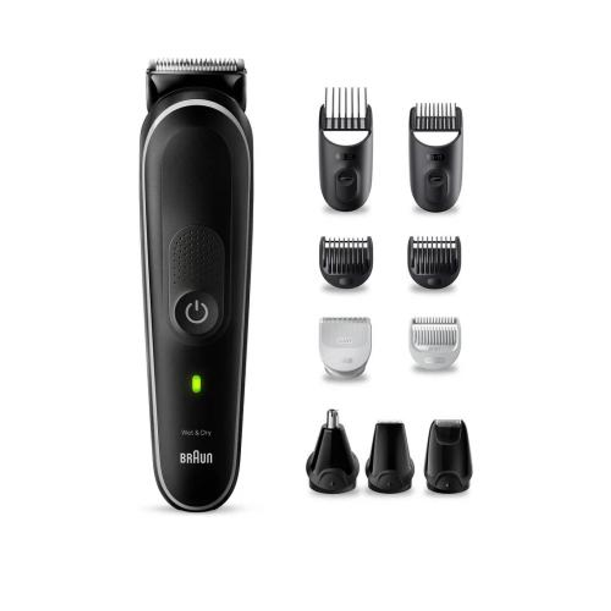 Recortadora de barba Braun negra con accesorios, botón de encendido y luz indicadora verde.