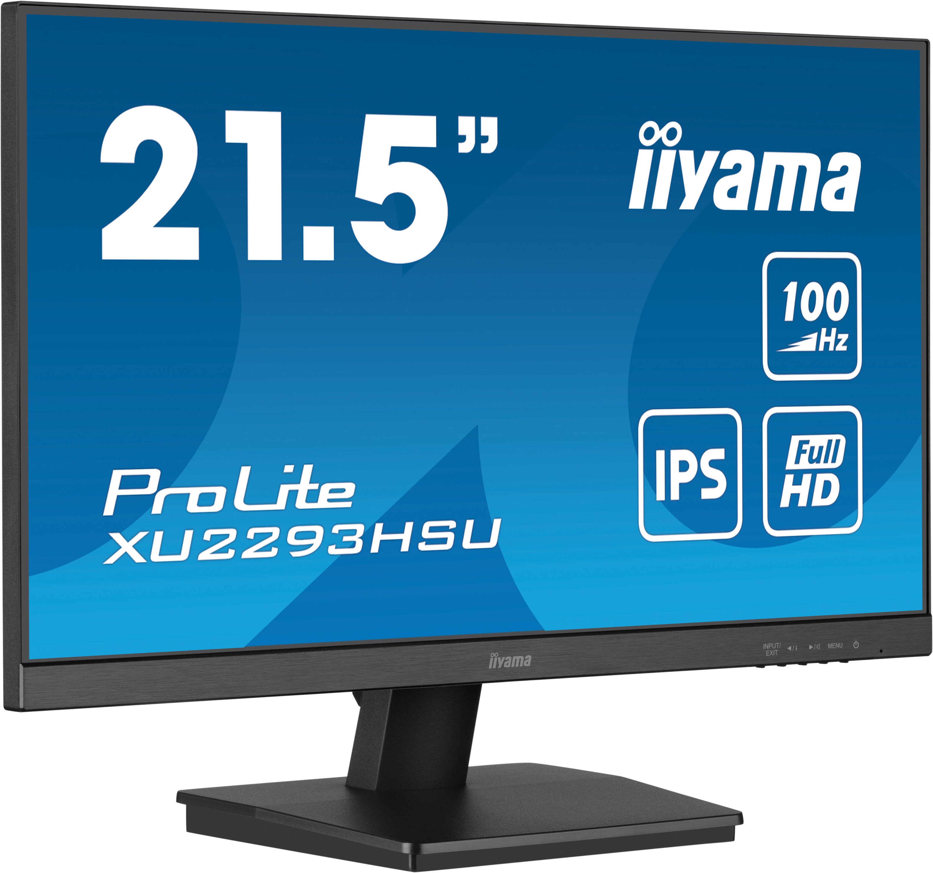 Monitor komputerowy 21,5 cala z tekstem i logo Iiyama. Ma czarną podstawkę.
