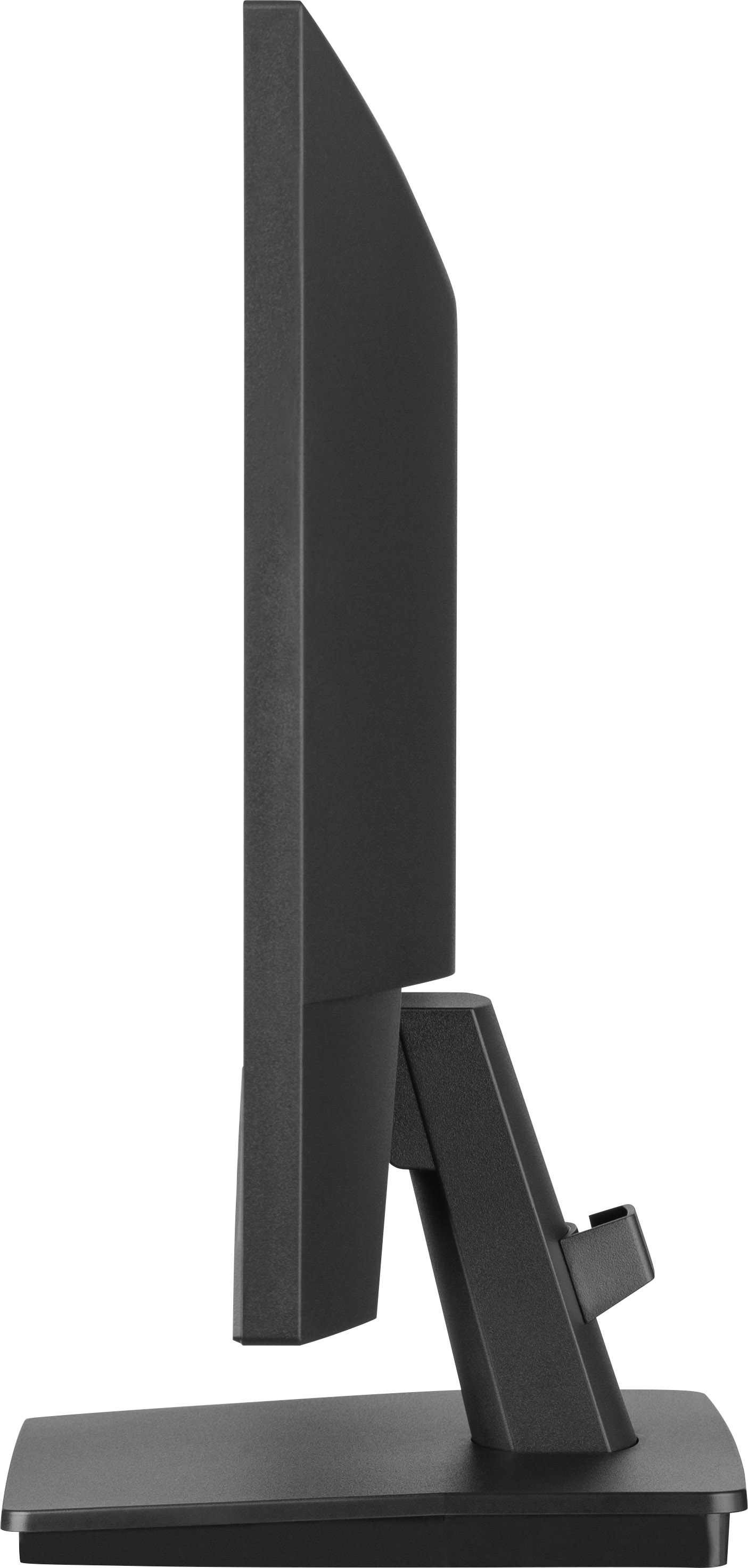 Widok z boku czarnego monitora komputera na czarnej podstawie. Ekran jest czarny.