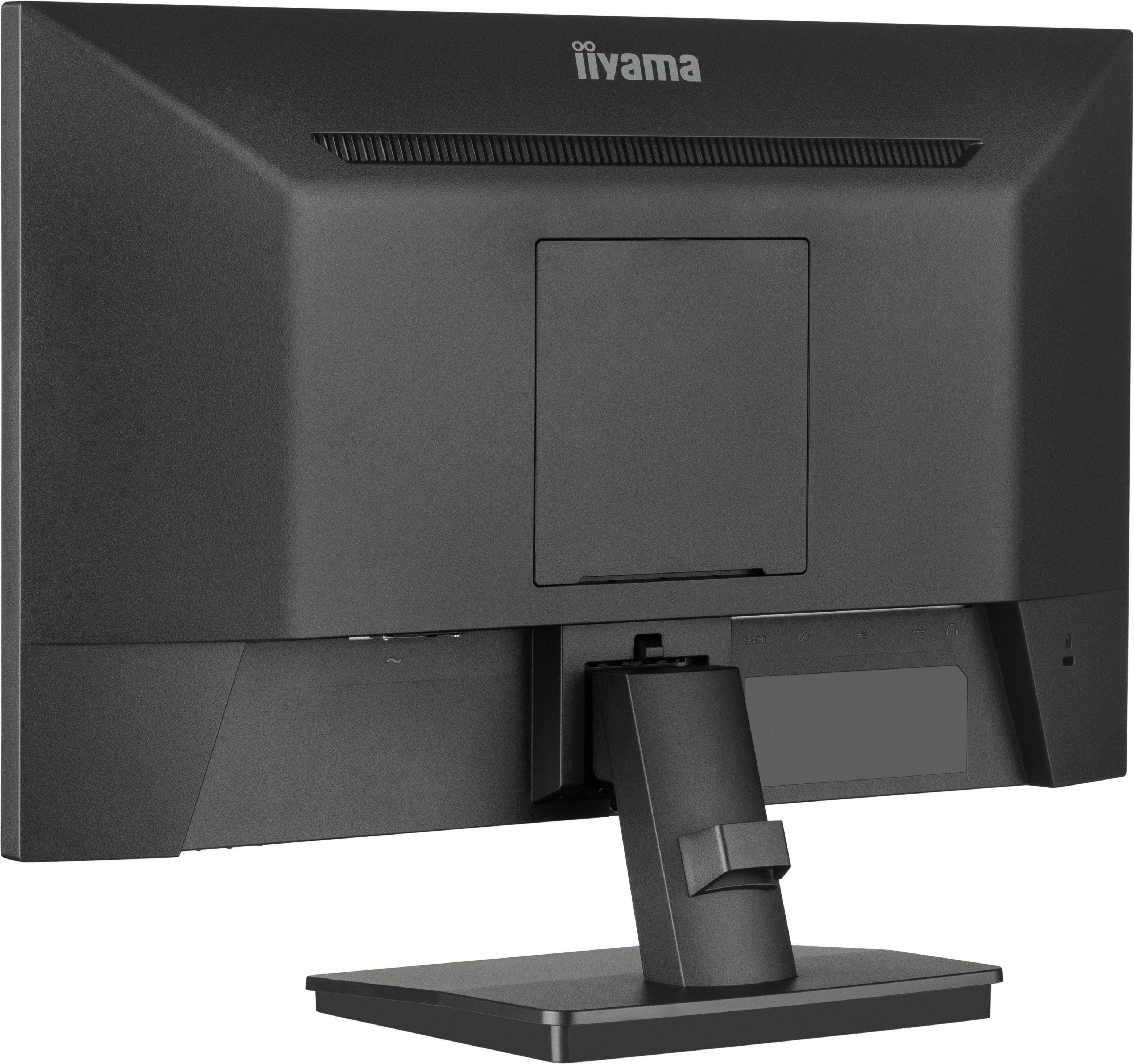 Parte trasera de un monitor negro. Con puertos, soporte y panel rectangular.
