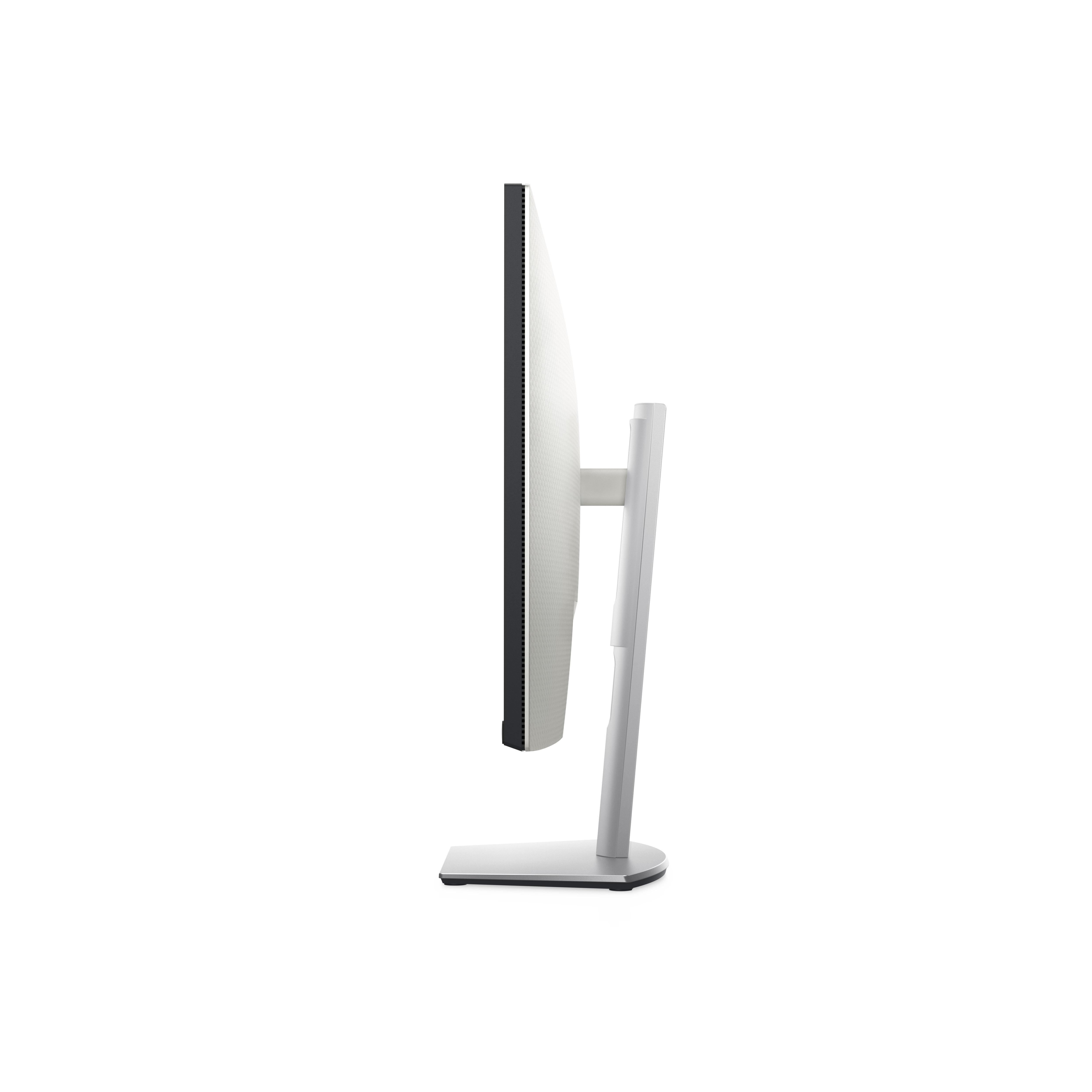 Vista laterale di un monitor per computer. È argento con schermo bianco e supporto.