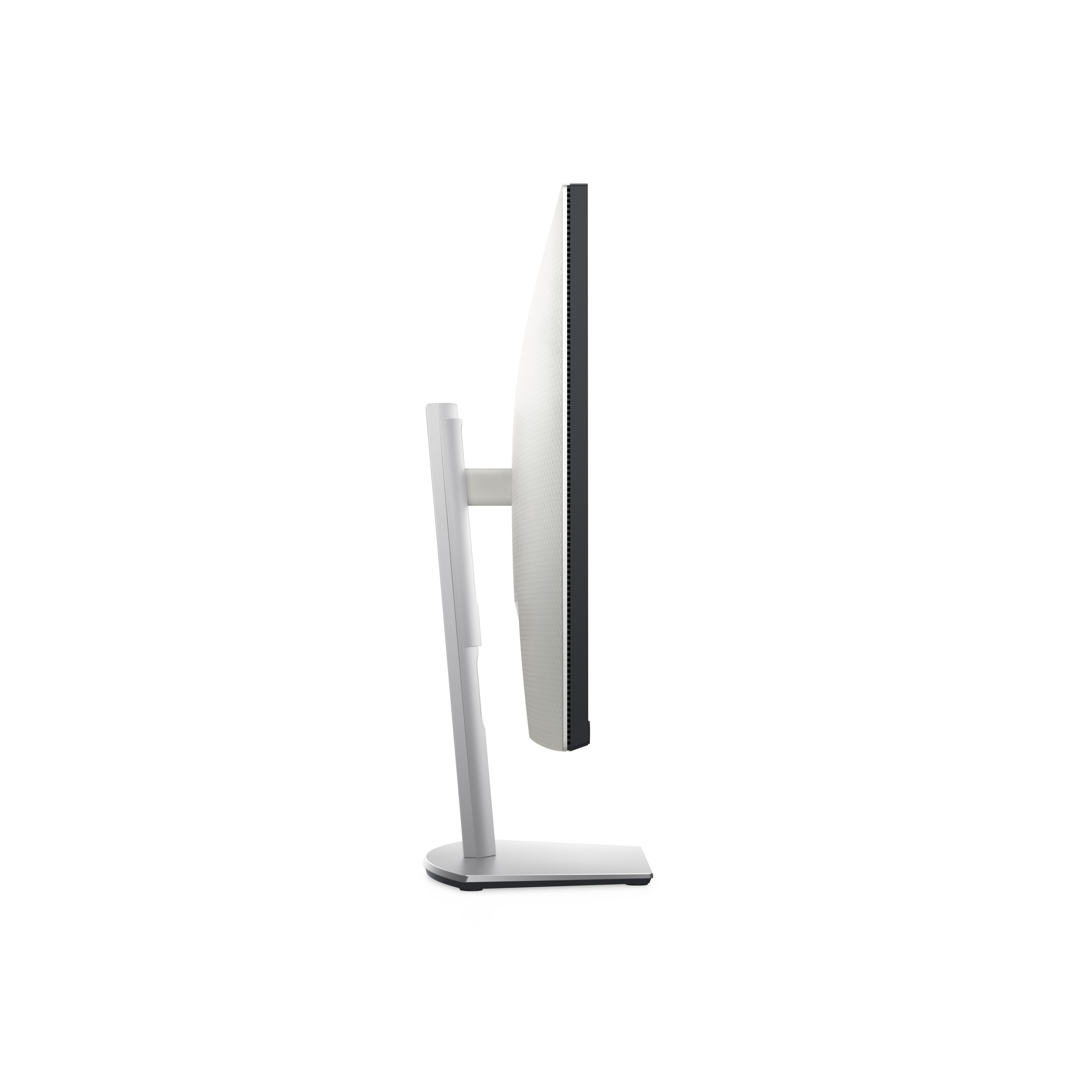 Una vista laterale di un monitor con supporto argento e cornice nera.