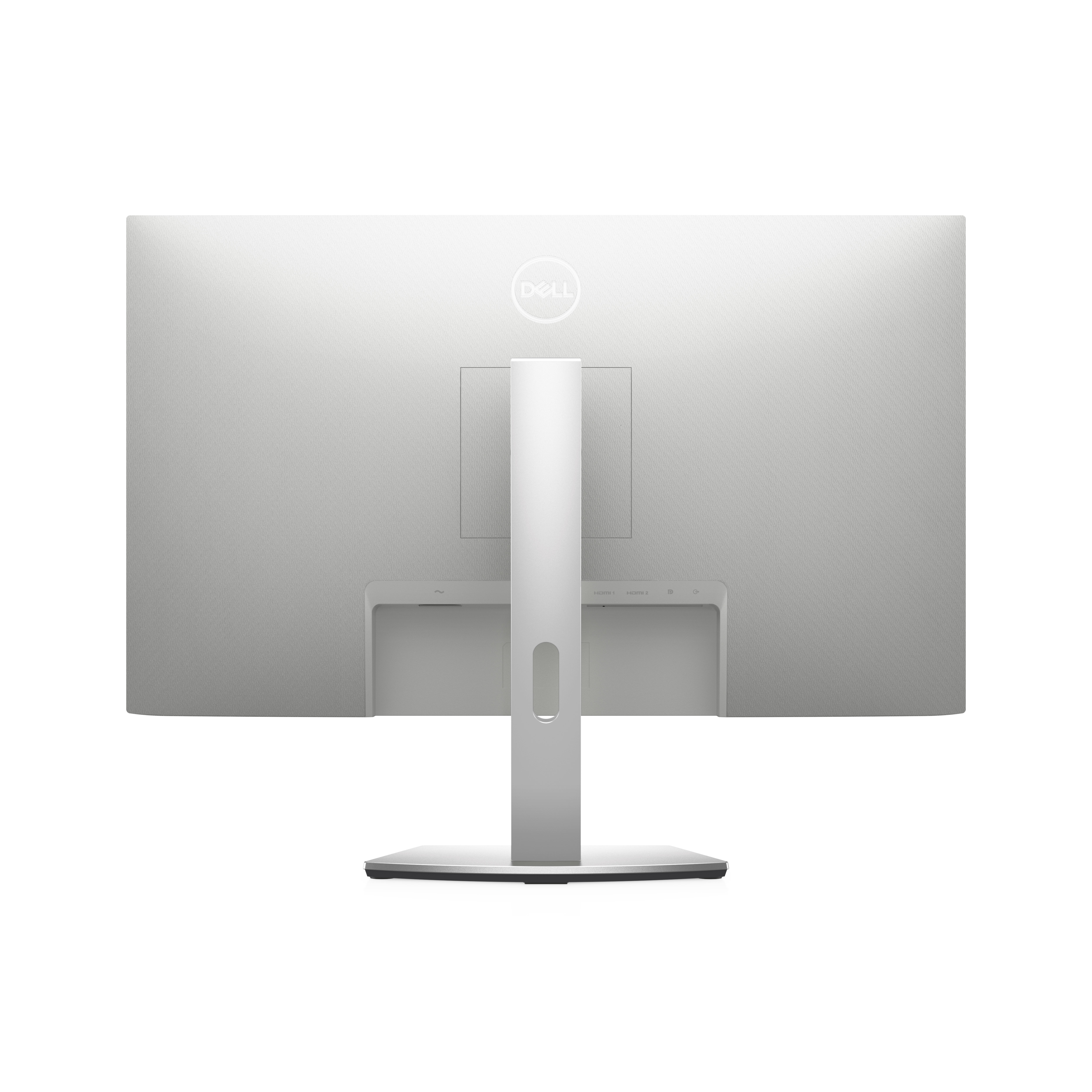 Un monitor Dell, supporto argentato, retro bianco e logo Dell centrato su sfondo bianco.
