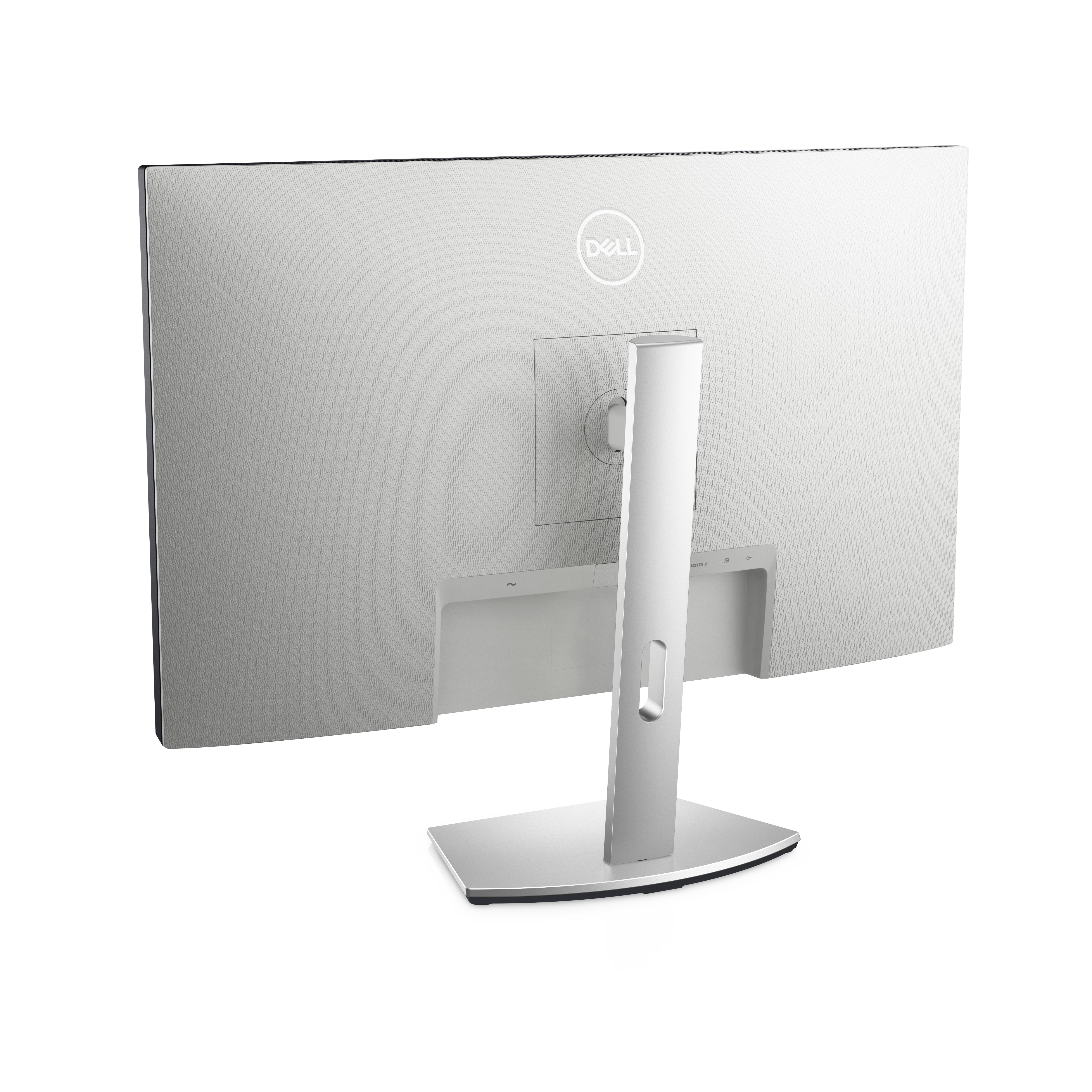 Retro di un monitor argento e bianco con supporto, con il logo Dell.