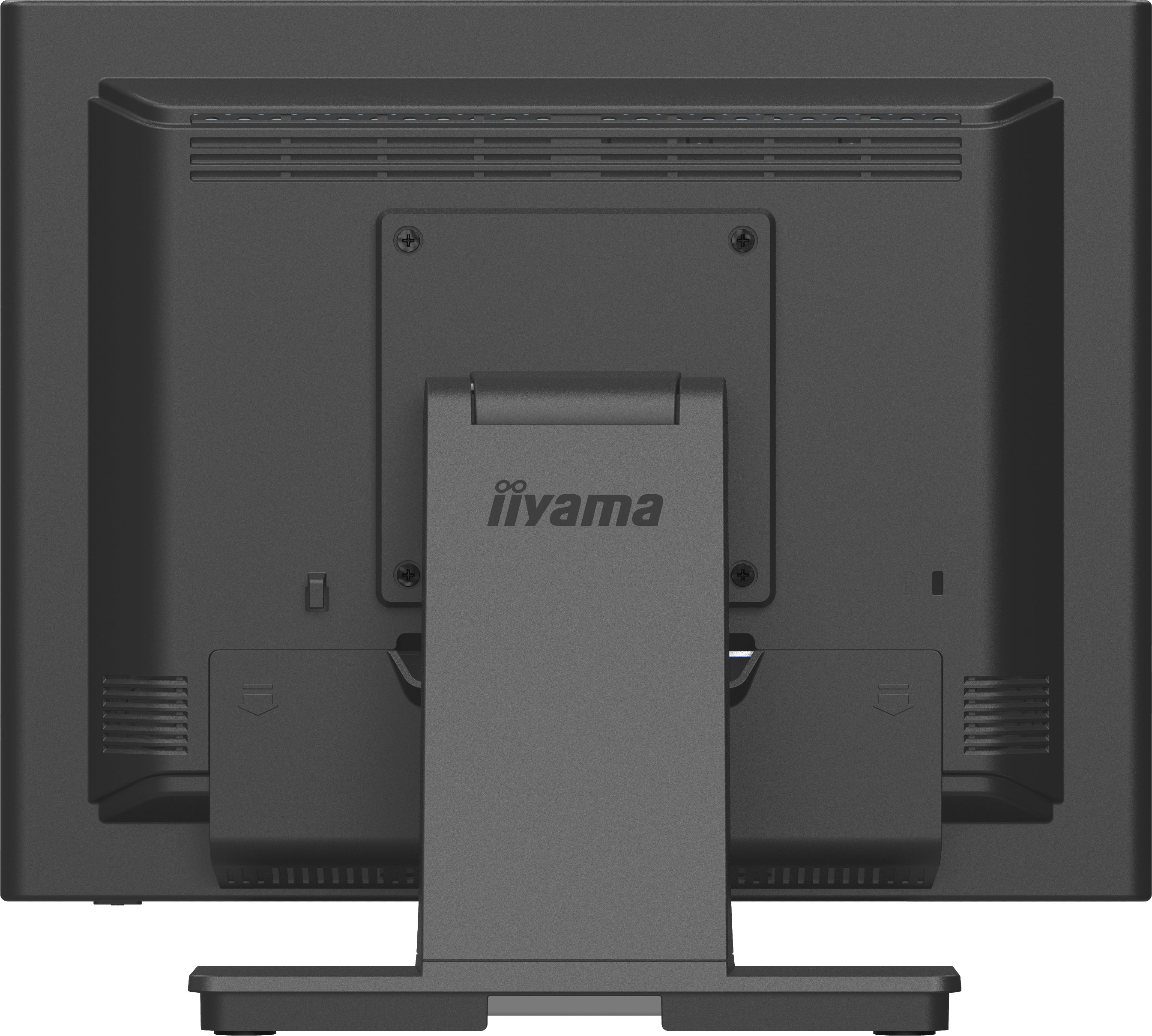 Tył czarnego monitora, z logo iiyama i podstawą.