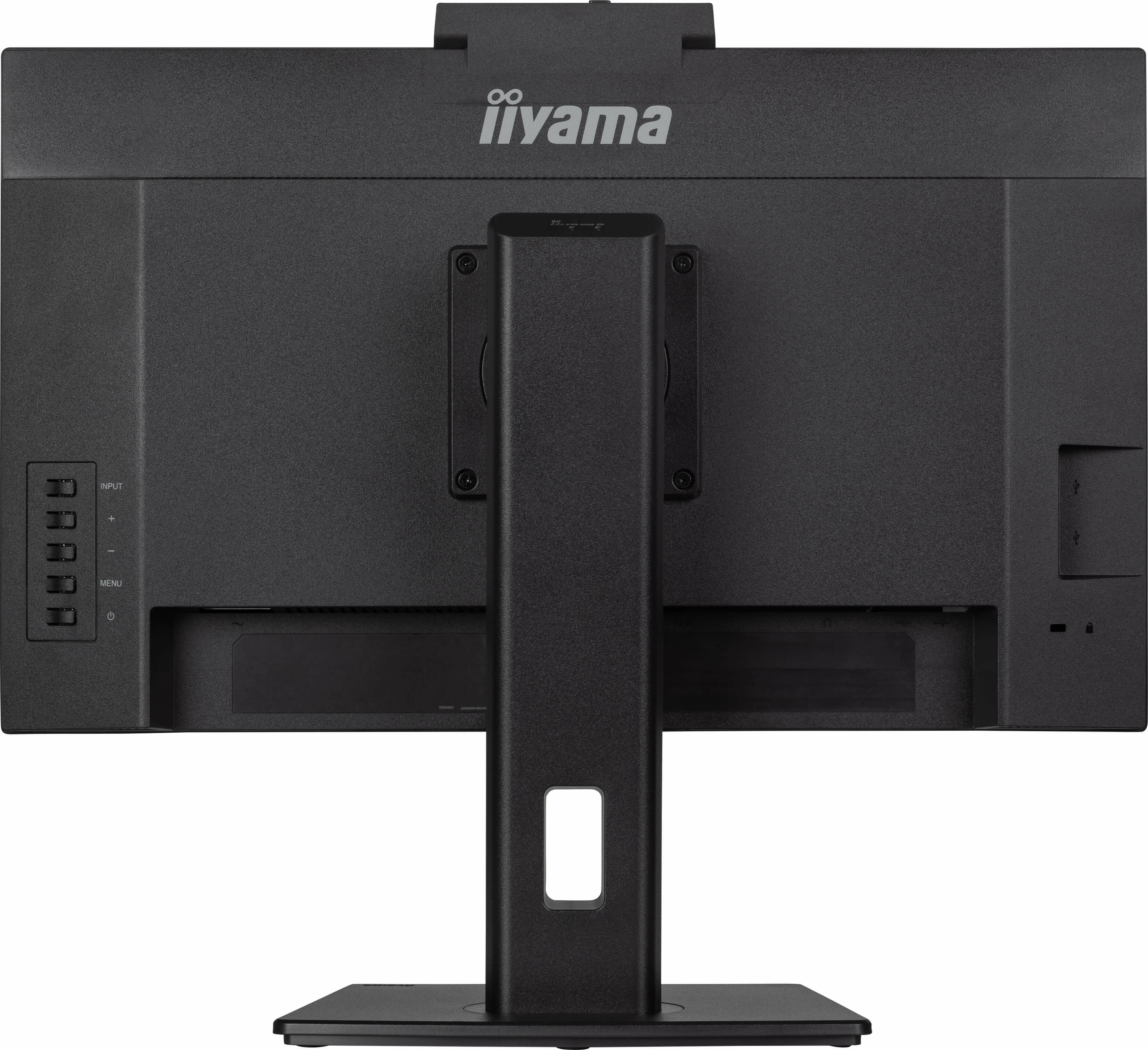 Rückseite eines schwarzen Computermonitors mit iiyama-Logo und Ständer.