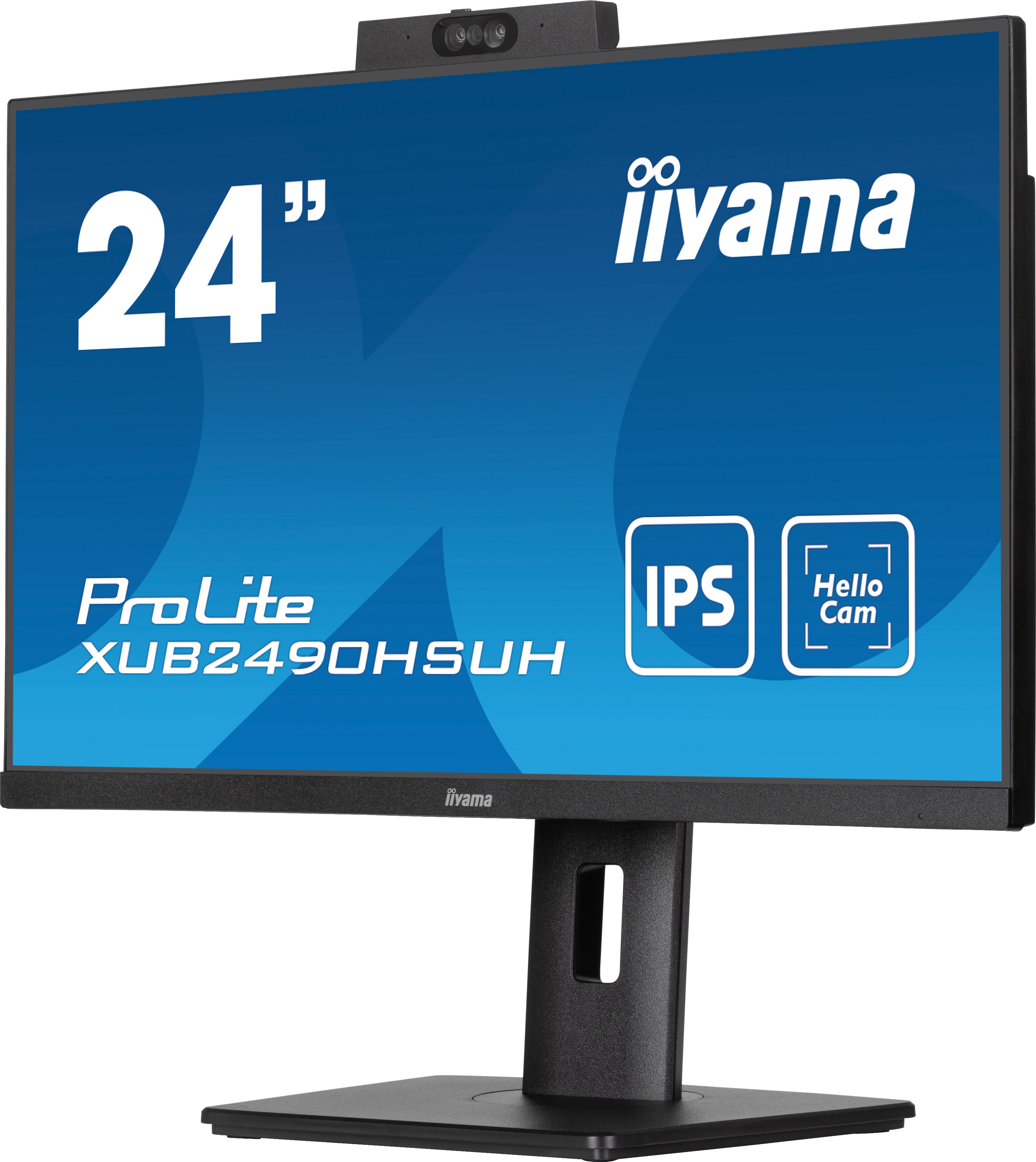 24-Zoll-Schwarz-Computermonitor mit angebrachter Webcam und iiyama-Logo auf dem Bildschirm.