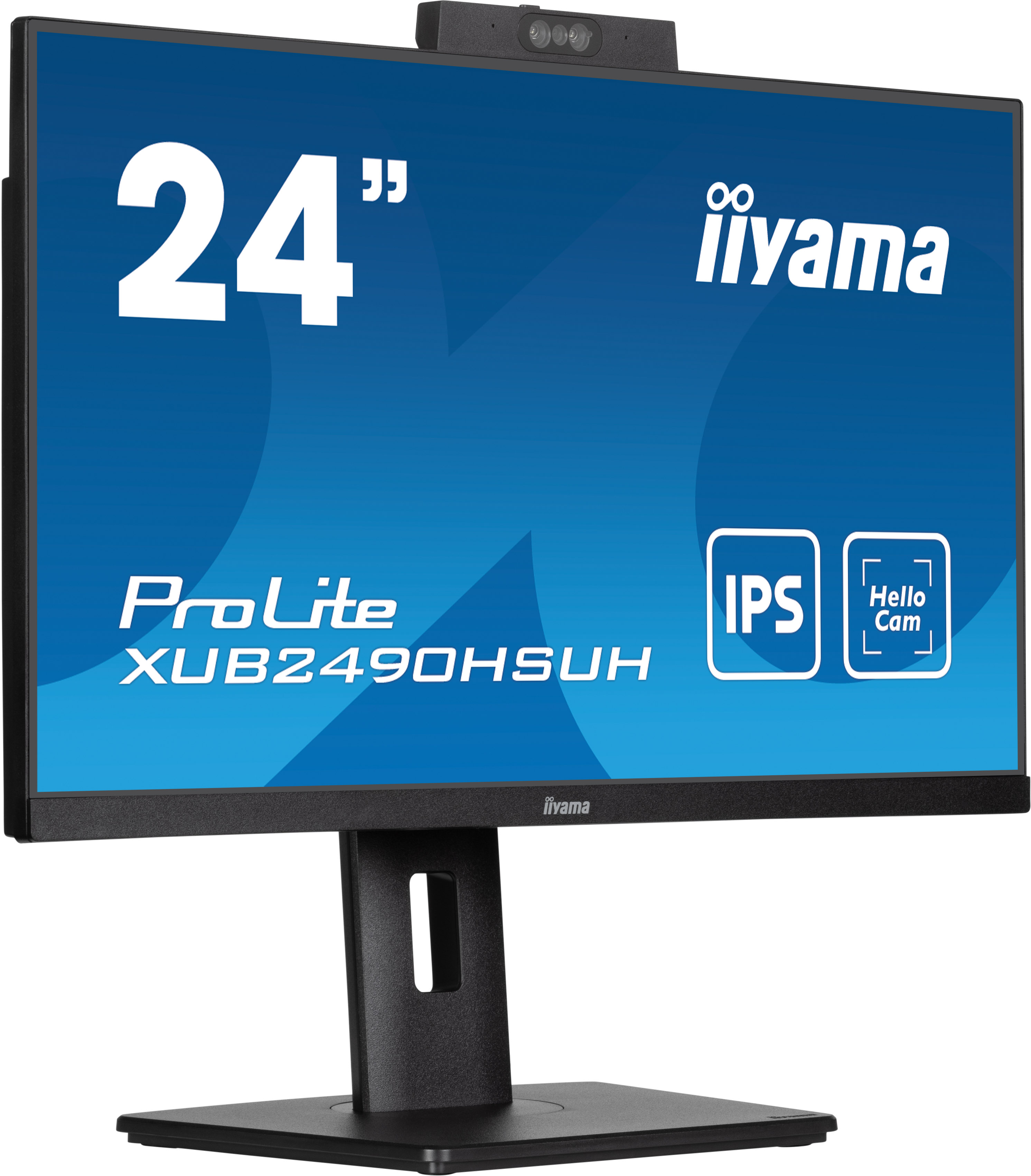 Ein 24-Zoll-Monitor mit Webcam. Der Bildschirm ist schwarz mit Text. Der Fuß ist schwarz, die Marke ist Iiyama.