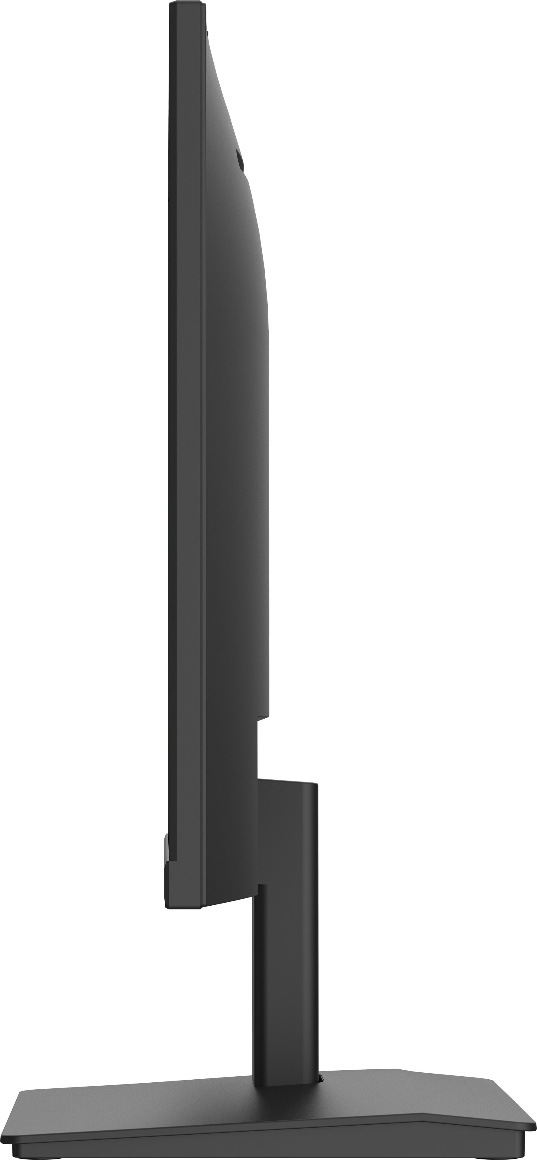 A black monitor in profile view, with a black base and stand. It has a thin frame.