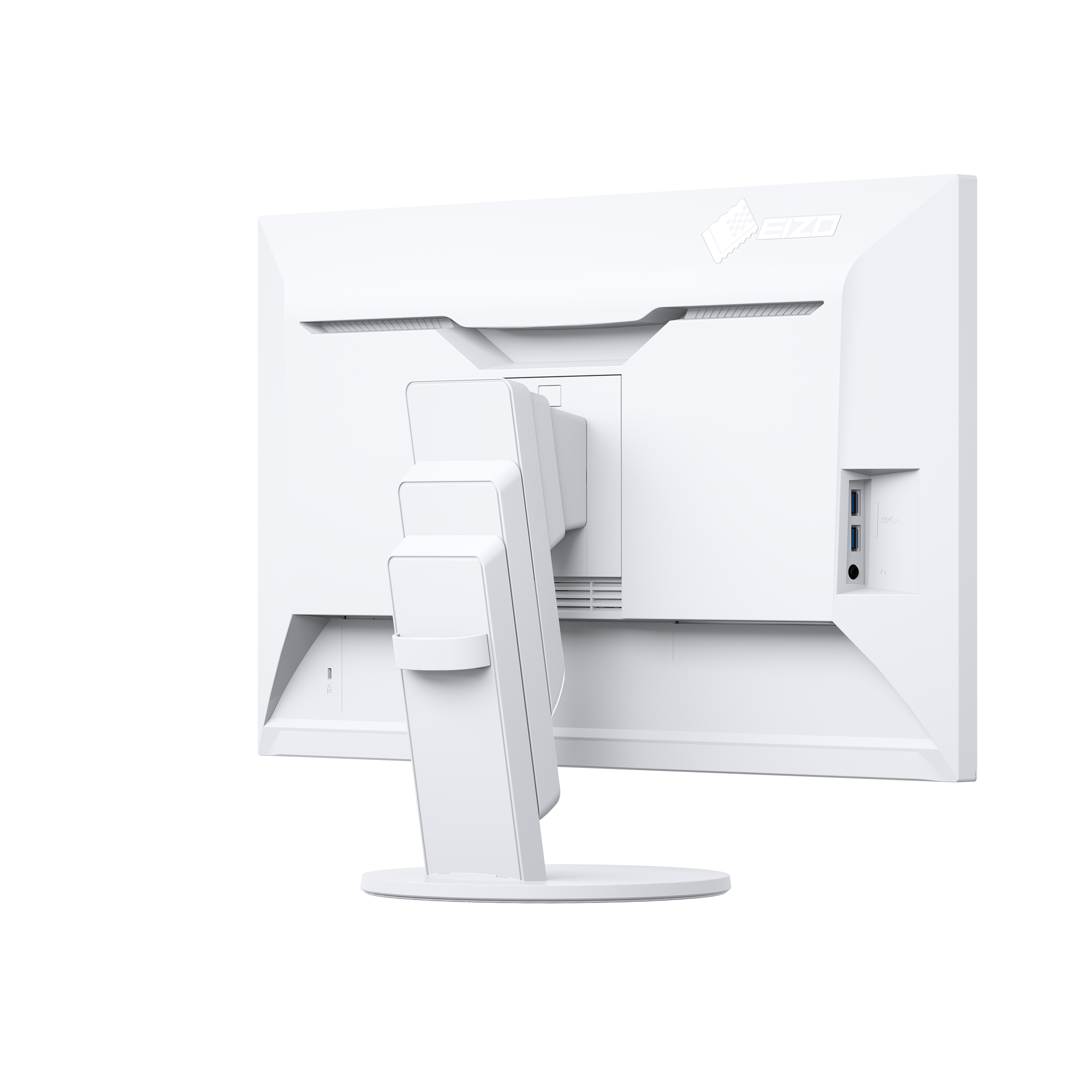 Vista posteriore di un monitor per computer bianco con supporto e porte. Il marchio è EIZO.