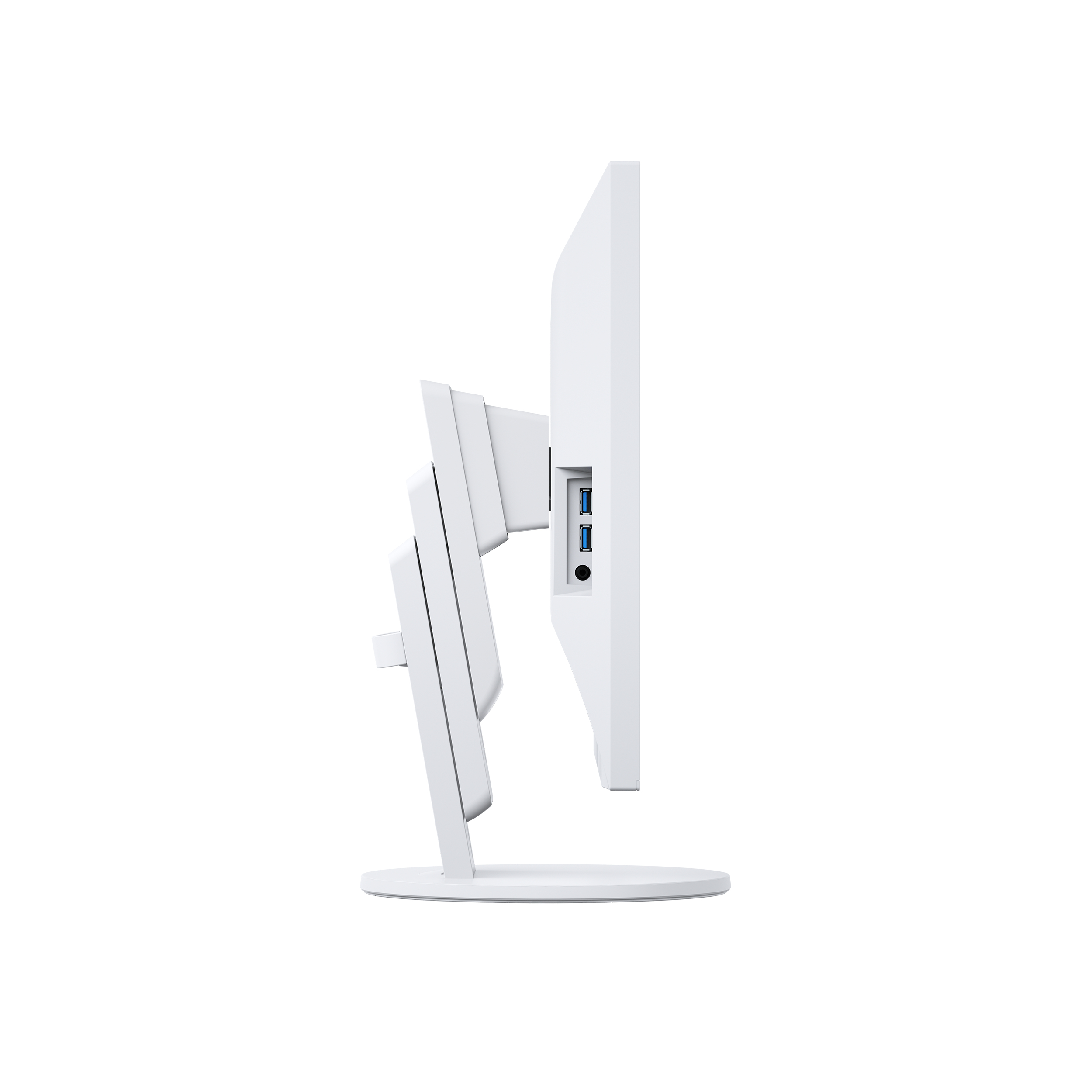 Monitor del computer bianco con porte USB. Sfondo bianco.