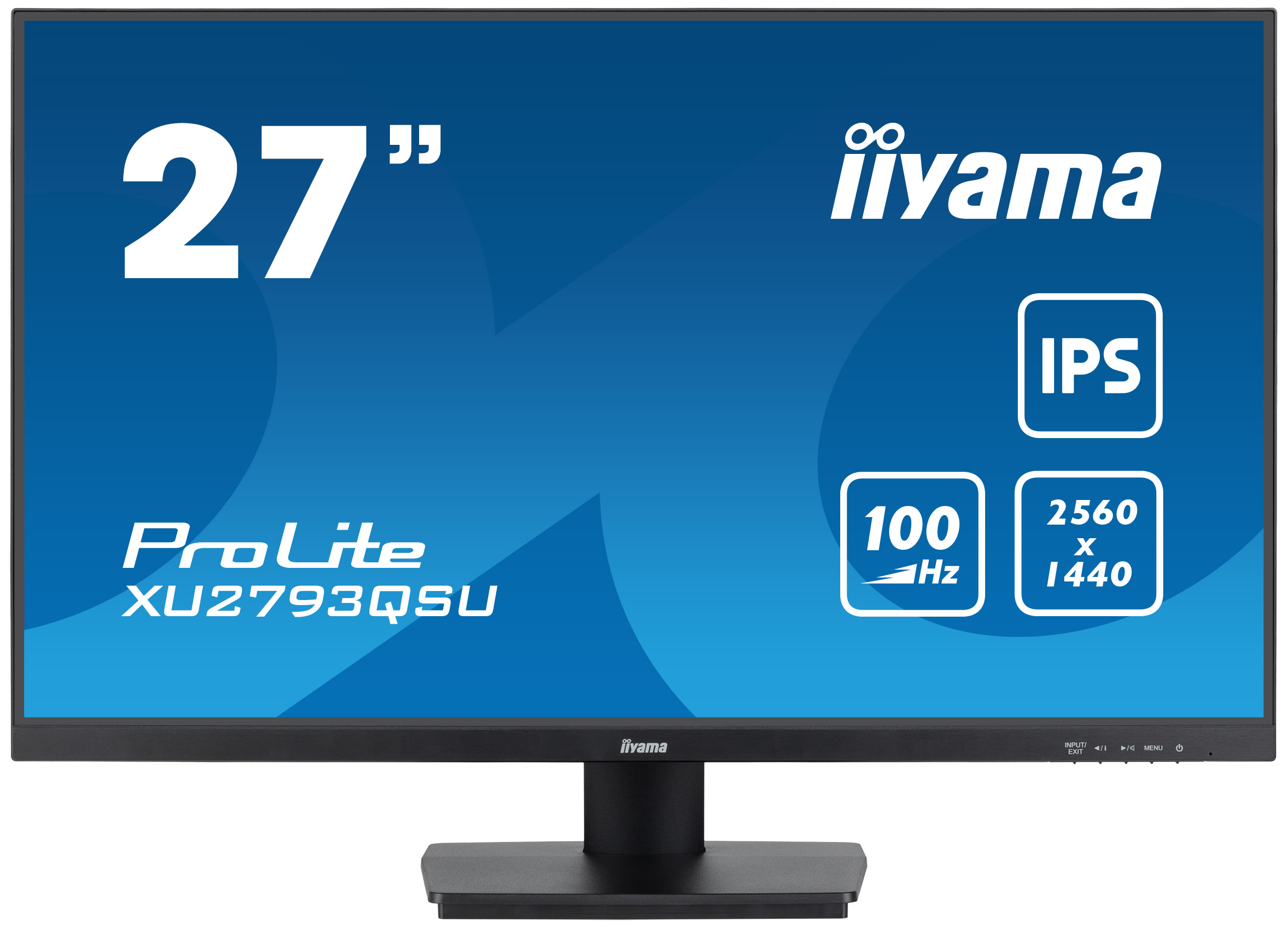 Monitor iiyama 27" z etykietą ProLite XU2793QSU i specyfikacjami na niebieskim tle.