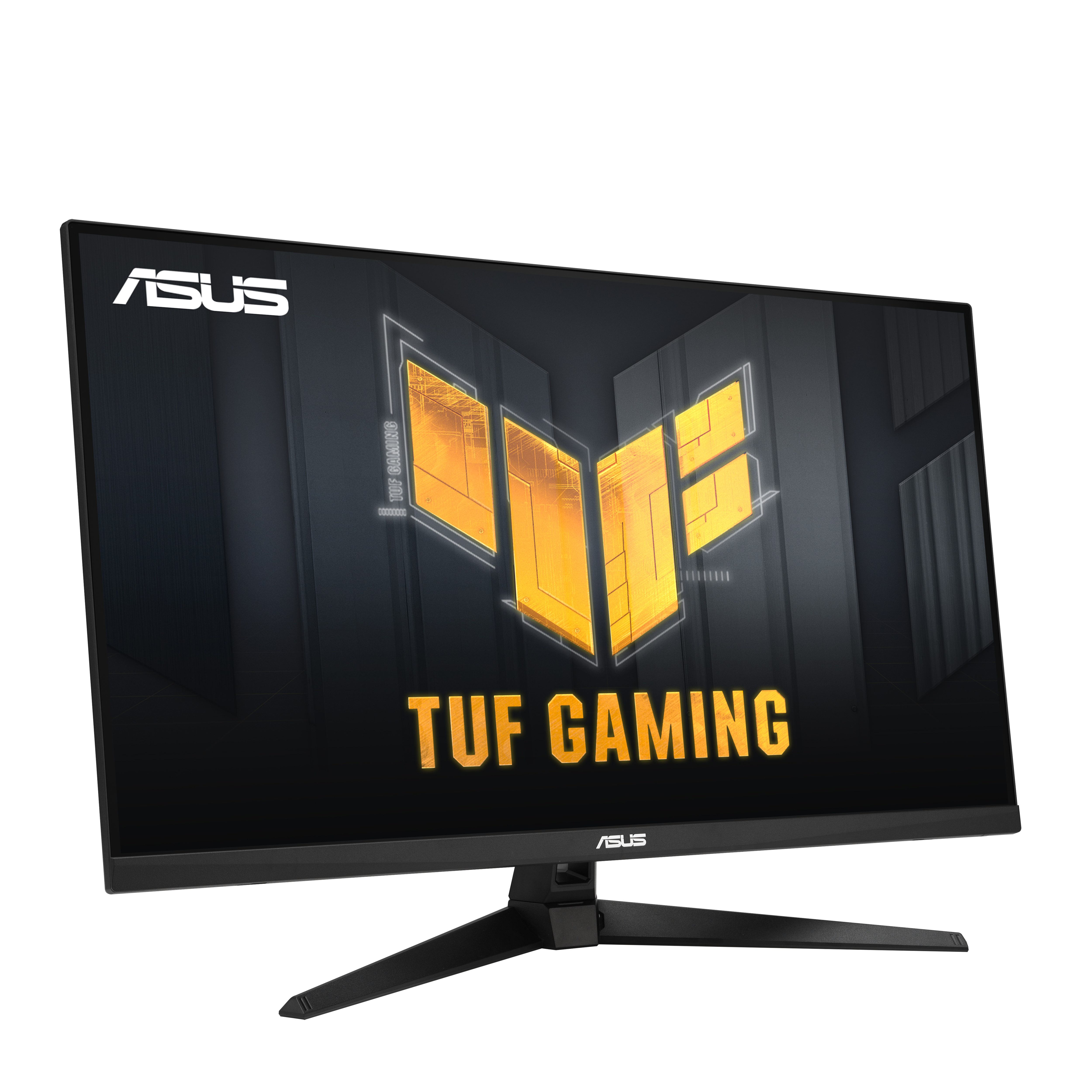 Czarny monitor ASUS TUF Gaming z żółtym logo i tekstem na białym tle.
