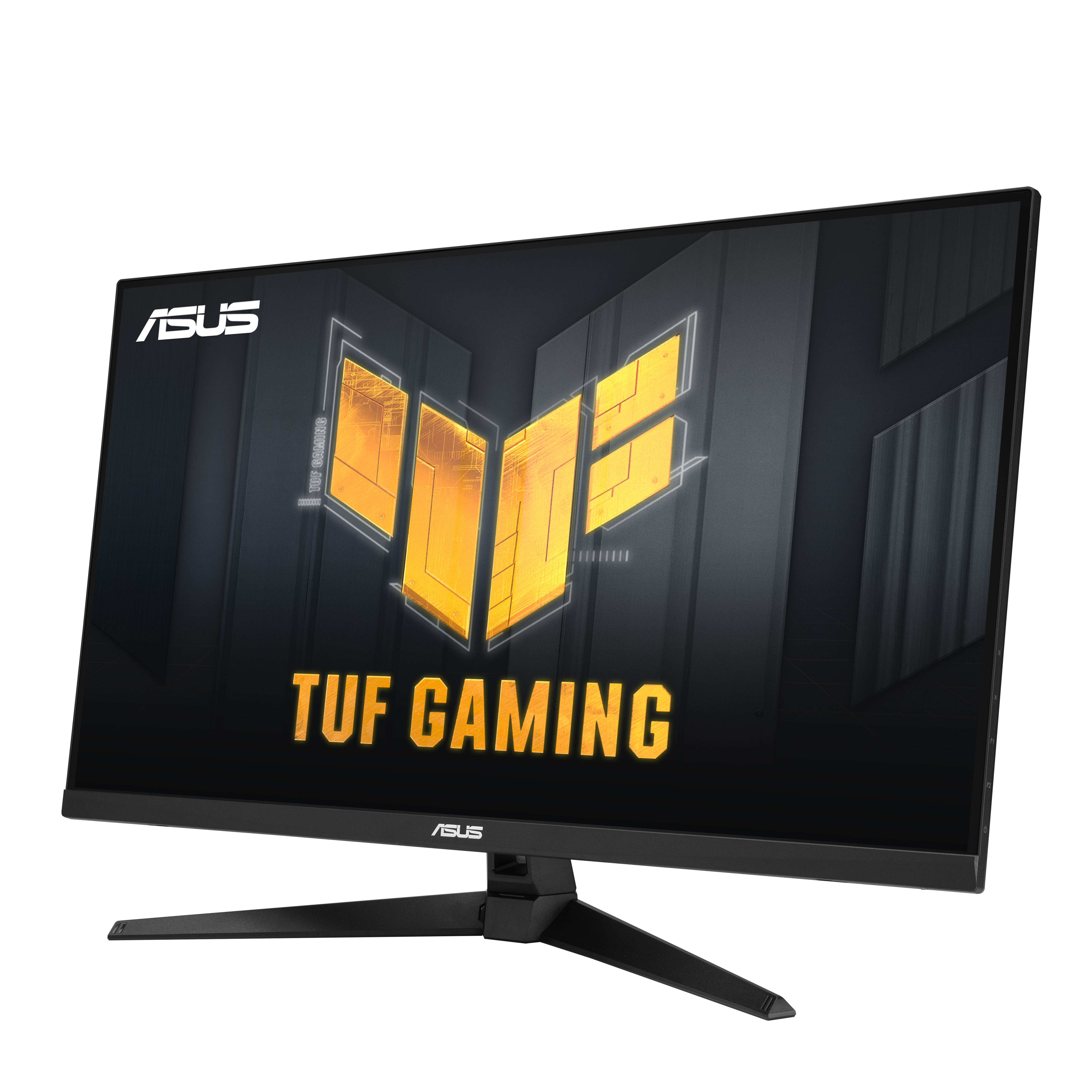 Czarny monitor ASUS TUF Gaming z czarną podstawą, wyświetlający logo TUF GAMING na ekranie.