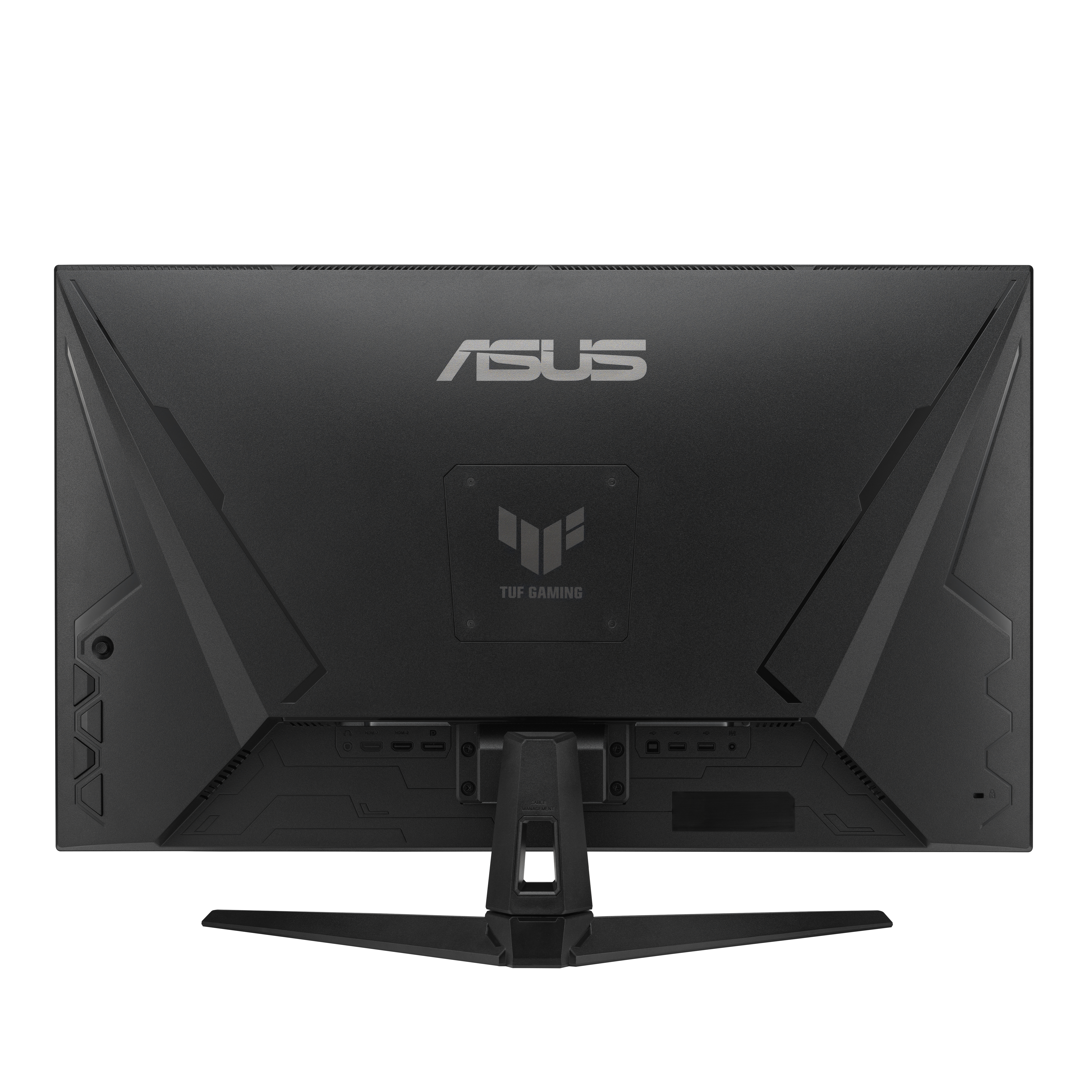 Tył czarnego monitora komputerowego z logo ASUS i TUF Gaming. Monitor ma podstawkę.