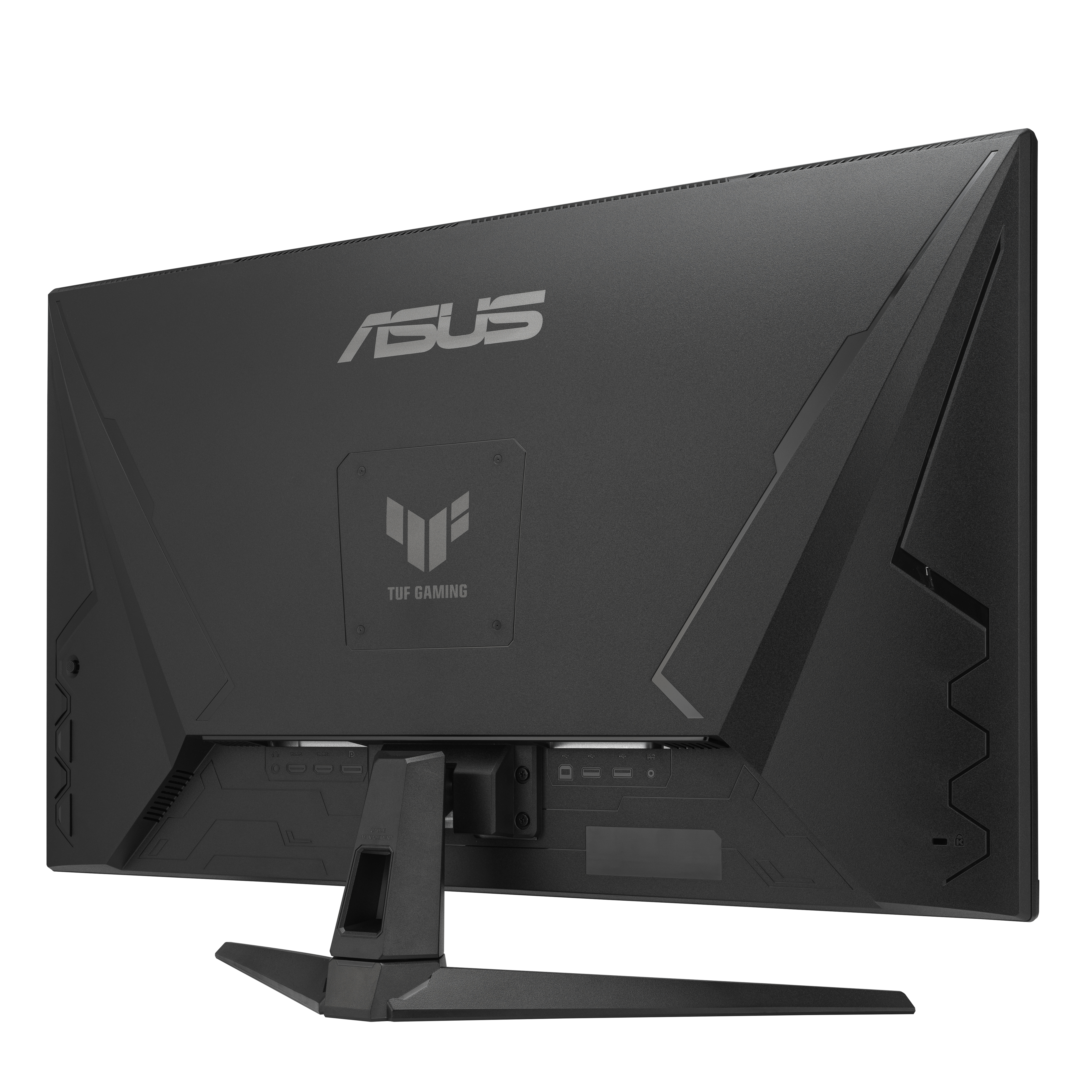 Tył czarnego monitora komputerowego. Widoczne logo ASUS, logo TUF GAMING i różne porty.
