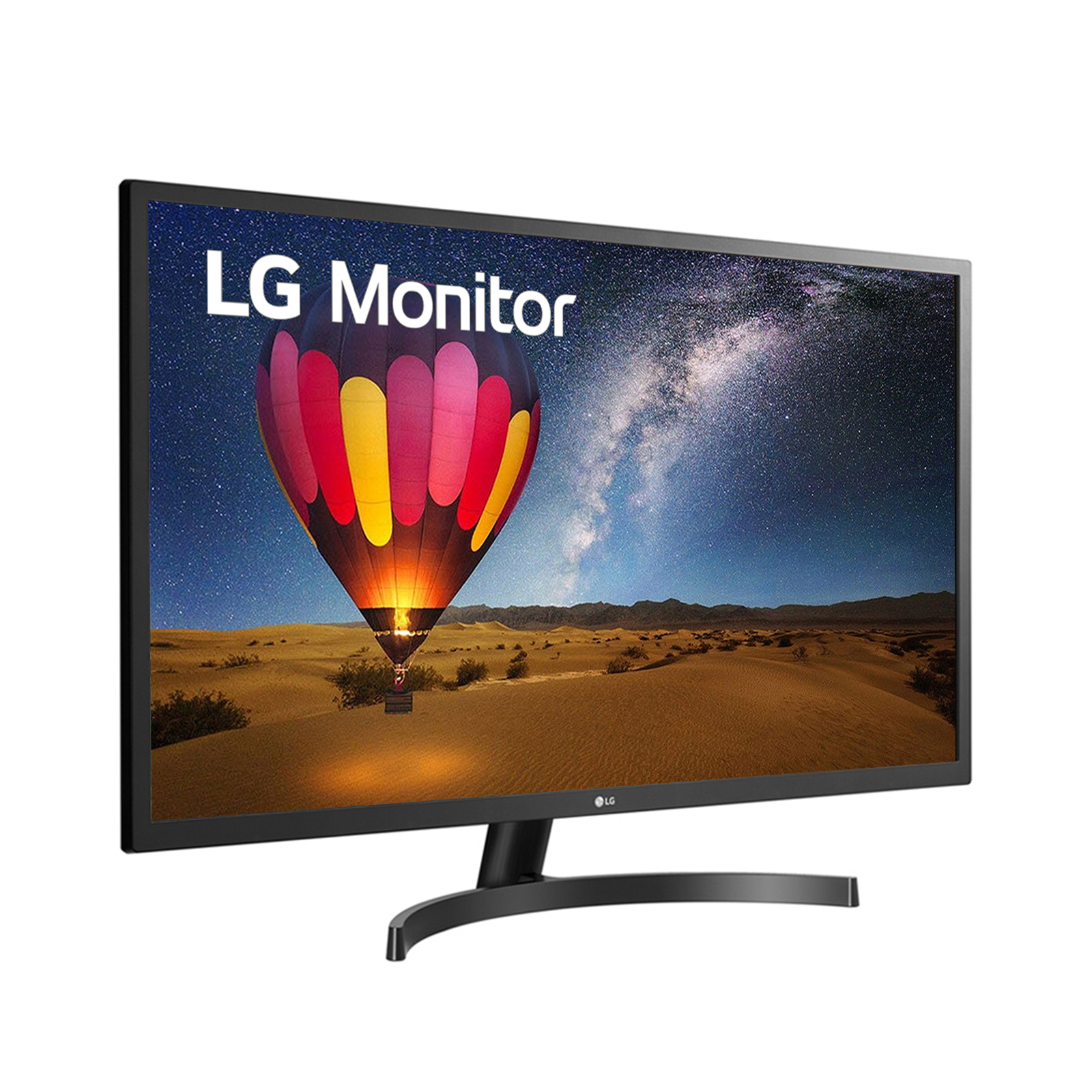 Monitor LG che mostra una mongolfiera colorata su un paesaggio desertico notturno.