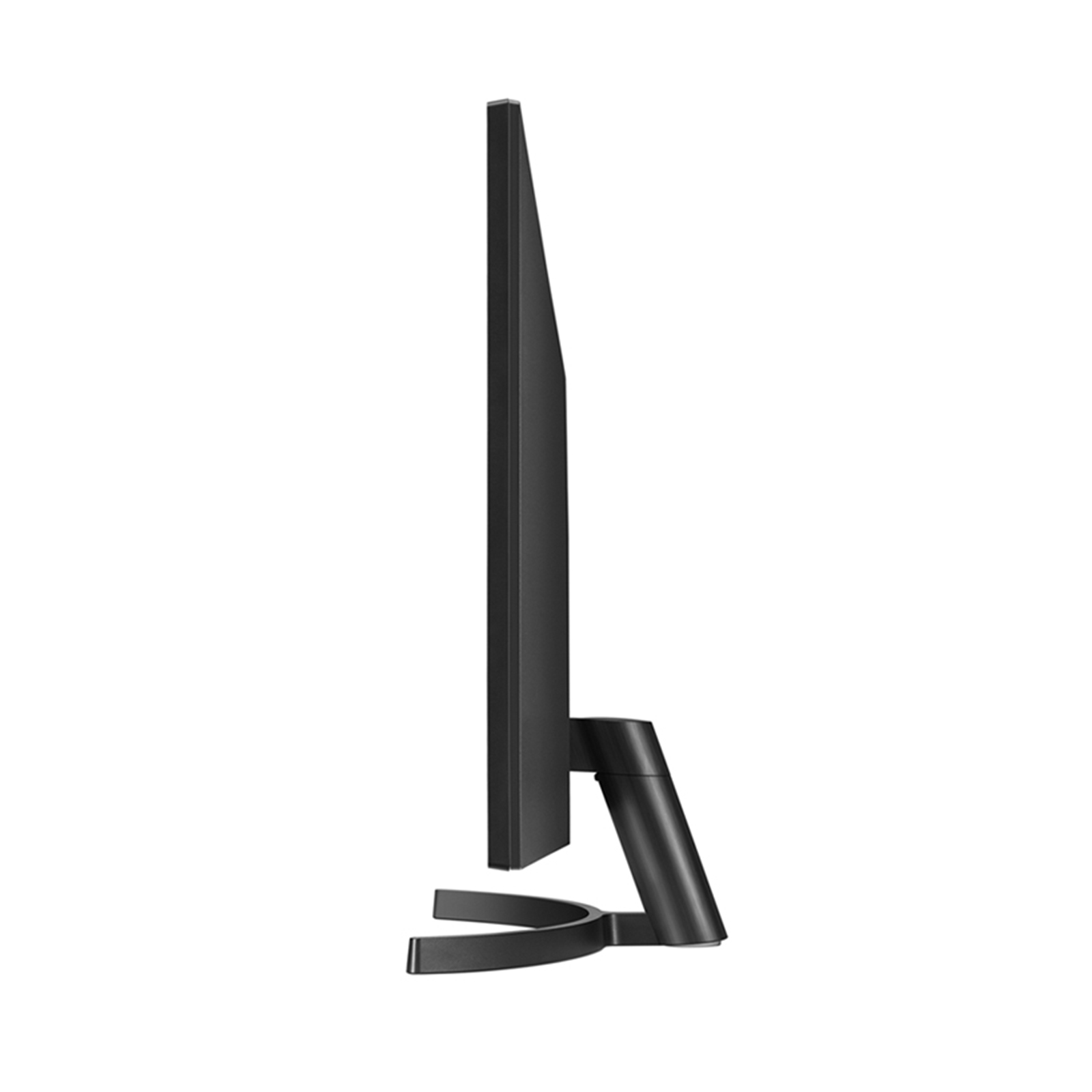 Profilo laterale di un monitor nero per computer. Ha una base curva e una cornice sottile.
