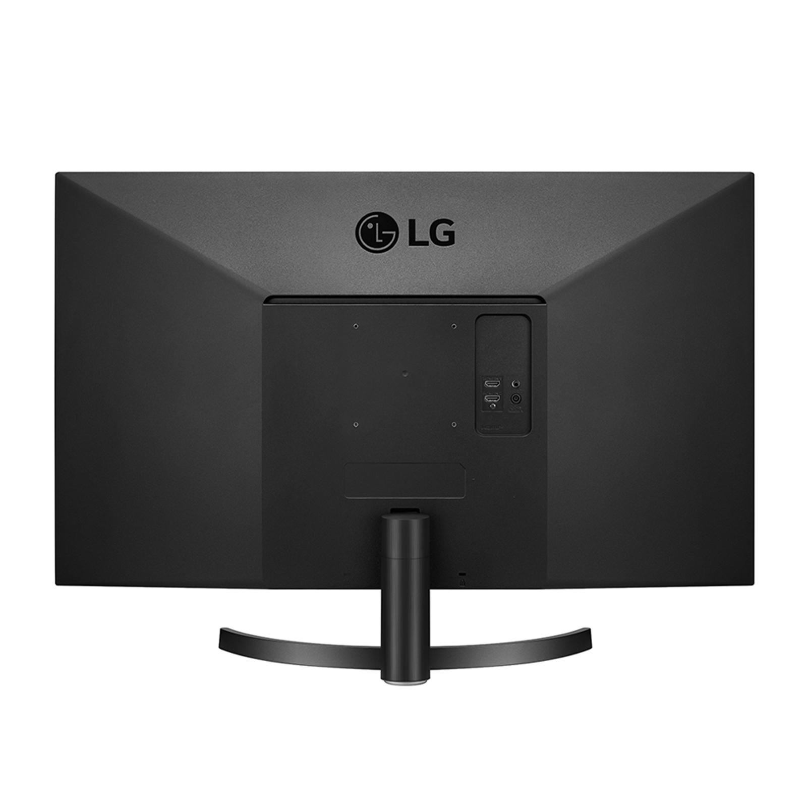 Il retro di un monitor LG nero. Ha il logo LG, le porte e un supporto.