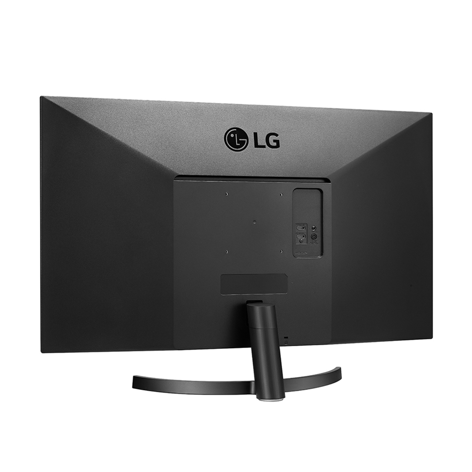 Retro di monitor LG nero. Logo LG in alto, porte e supporto in basso.