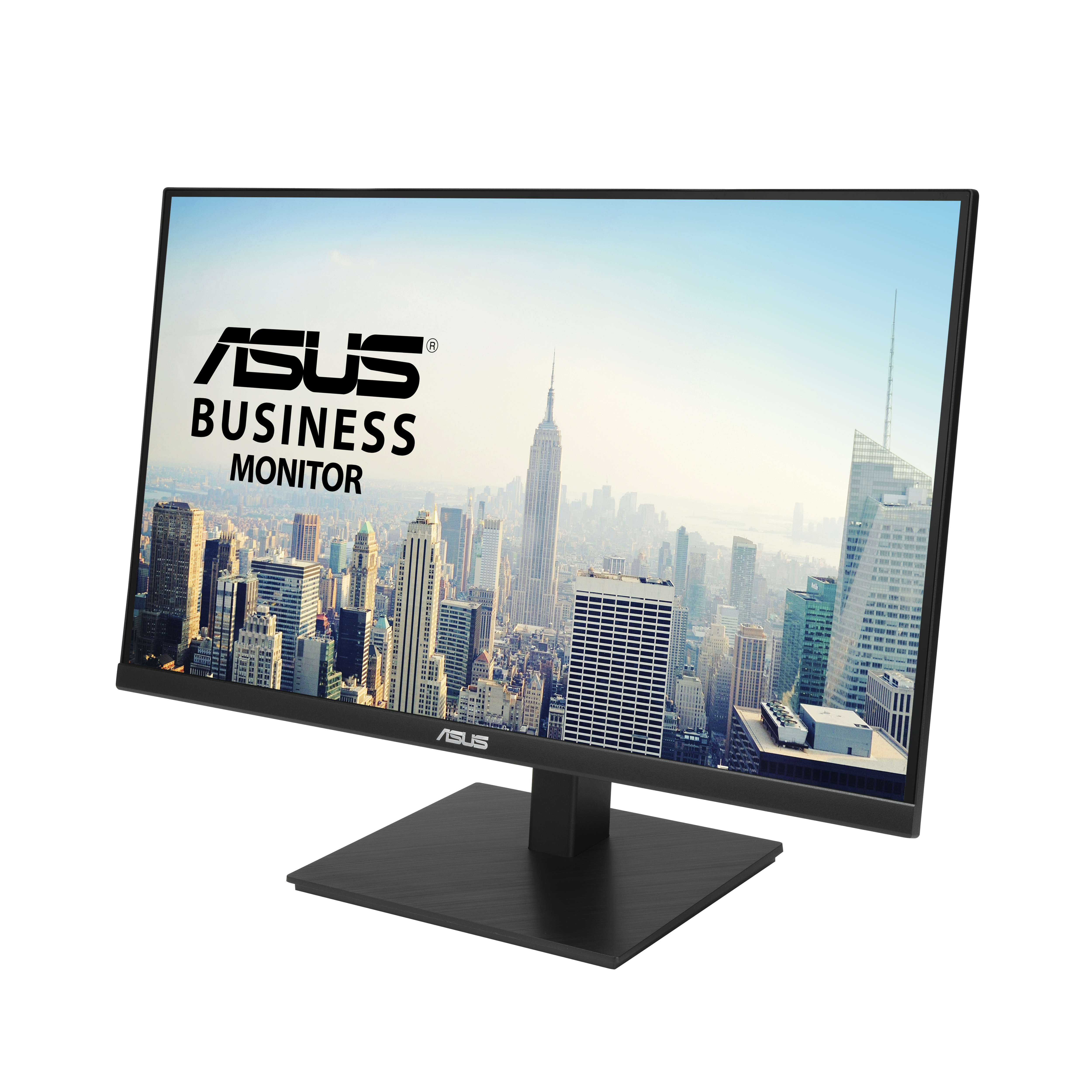 Monitor ASUS wyświetla krajobraz miejski z logo ASUS. Monitor jest czarny.