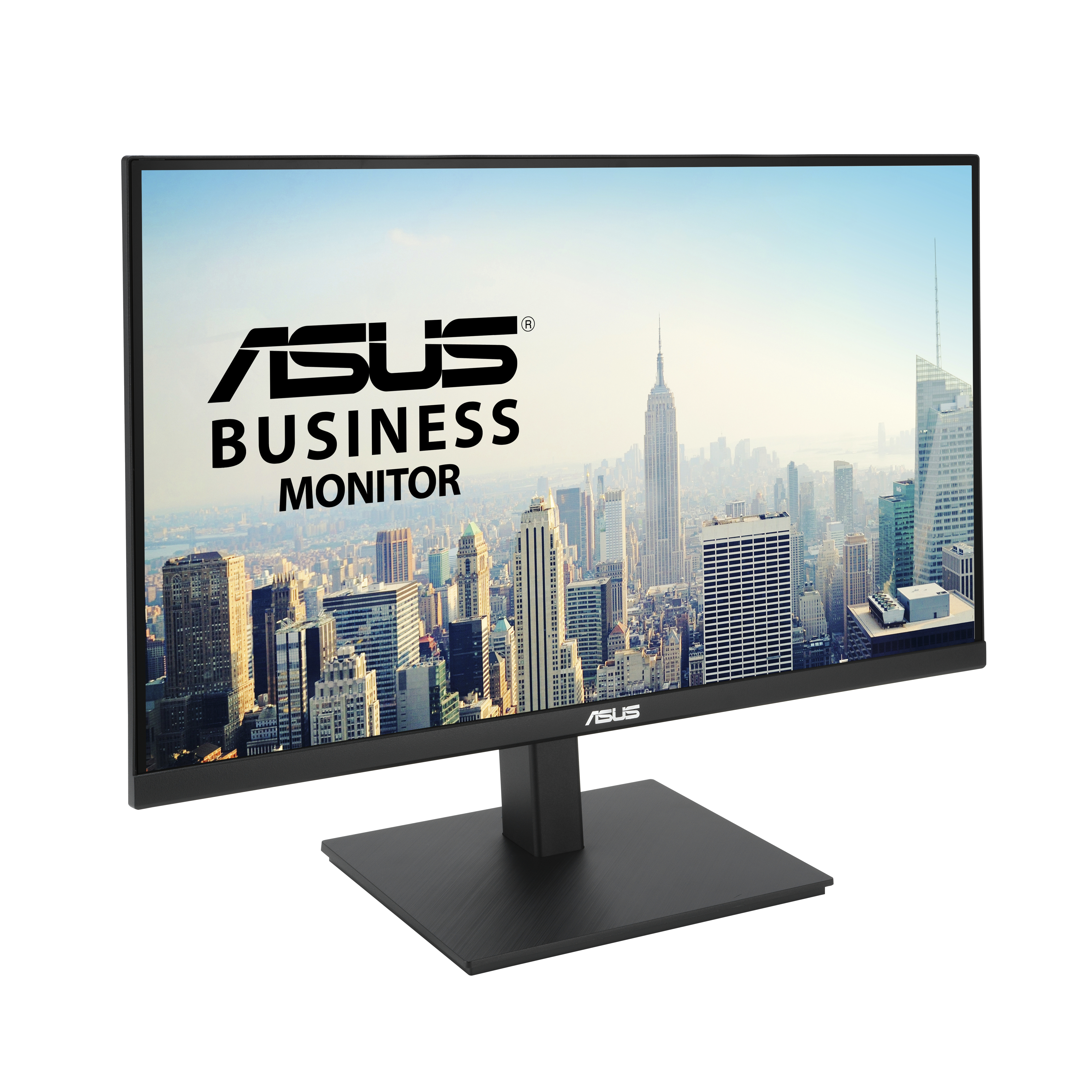 Czarny monitor komputera wyświetlający panoramę miasta. Tekst: 'ASUS BUSINESS MONITOR'.